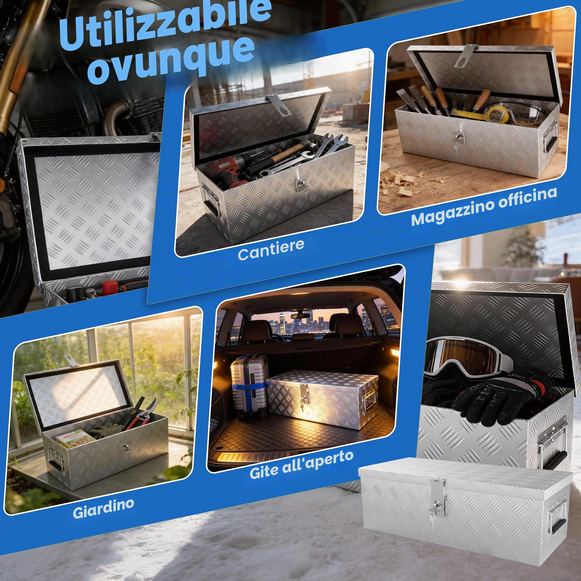 UISEBRT Cassetta degli attrezzi in alluminio con serratura, scatola in alluminio, 520 x 160 x 220 mm, robusta scatola in alluminio per attrezzi, scatola del rimorchio, scatola impermeabile con 2