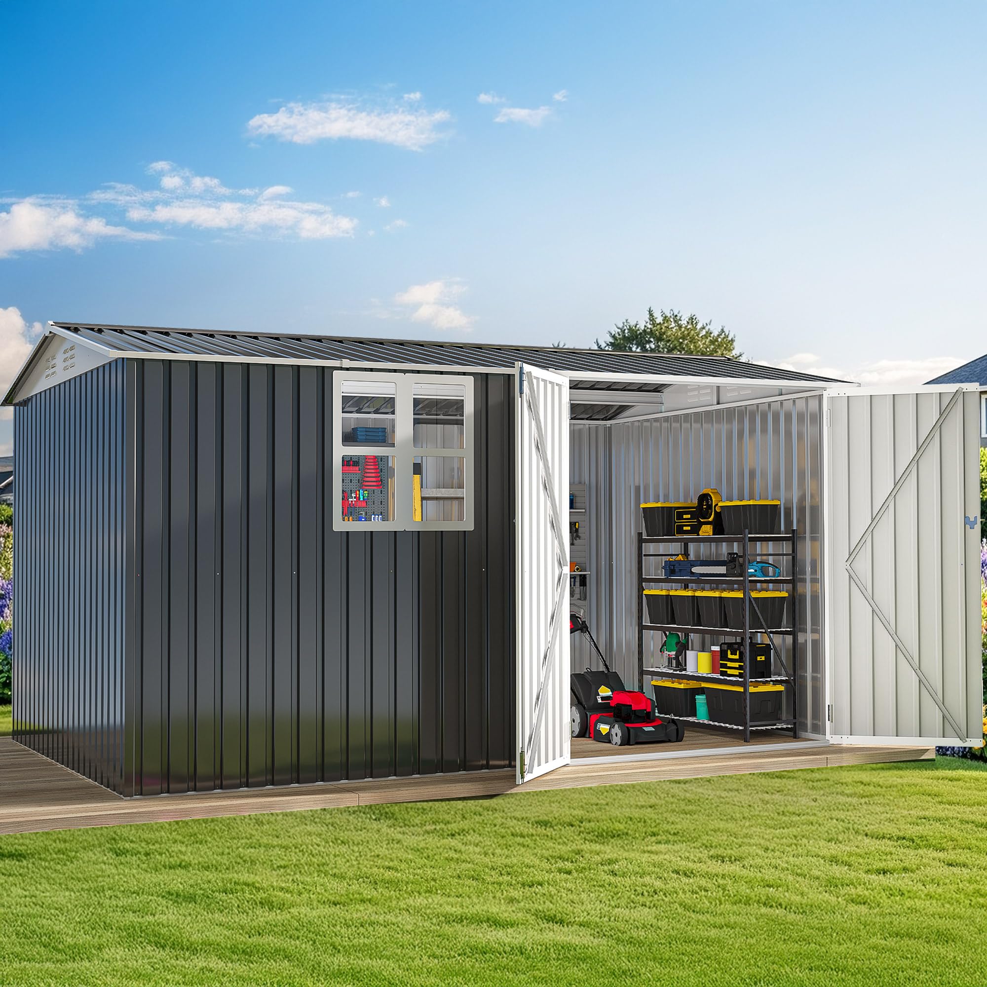 DWVO 12x8ft Large Tool Storage Shed with Window &amp; Lockable Doors