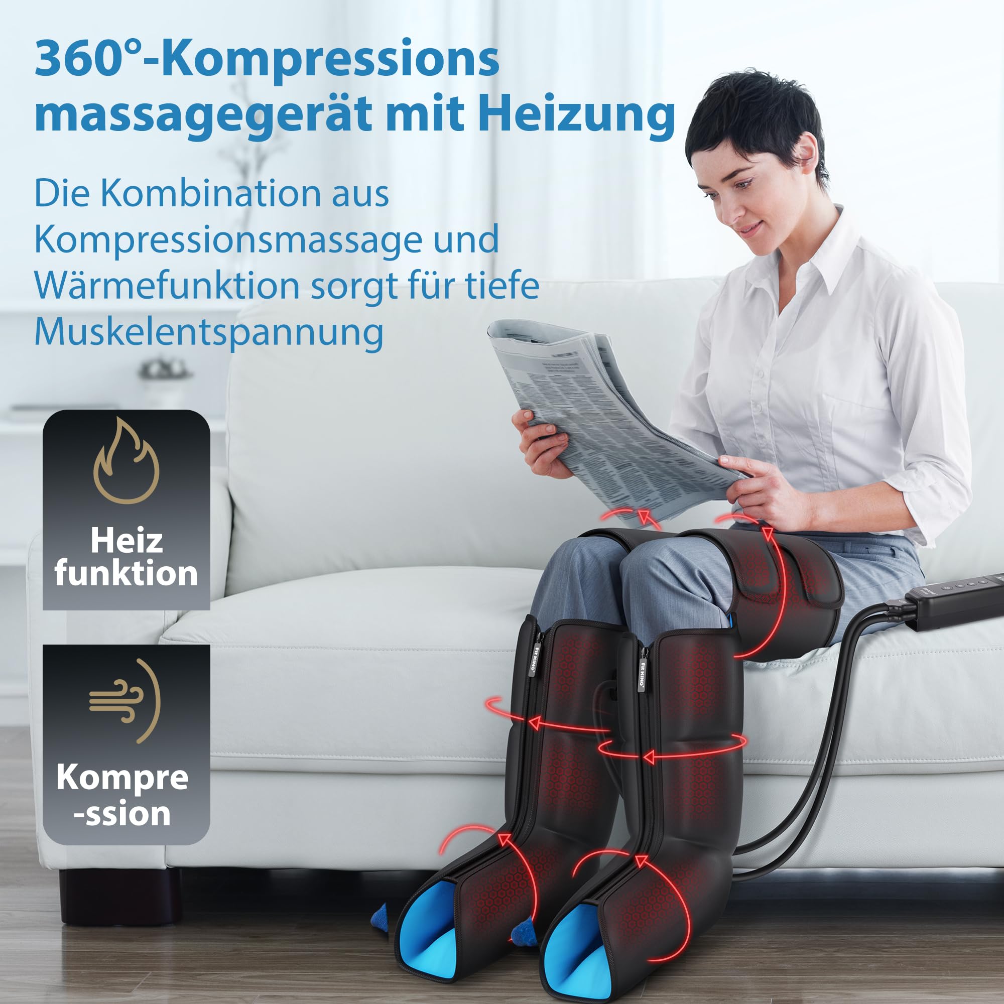 FIT KING 3-in-1 Beinmassagegerät mit Wärme & Kompression - Luftdruck-Massage für entspannte Beine, 3 Heizstufen, 3 Massagemodi | Beinkompressionsmaschine für Fuß, Wade & Oberschenkel, 3 Intensität & 3 Modi