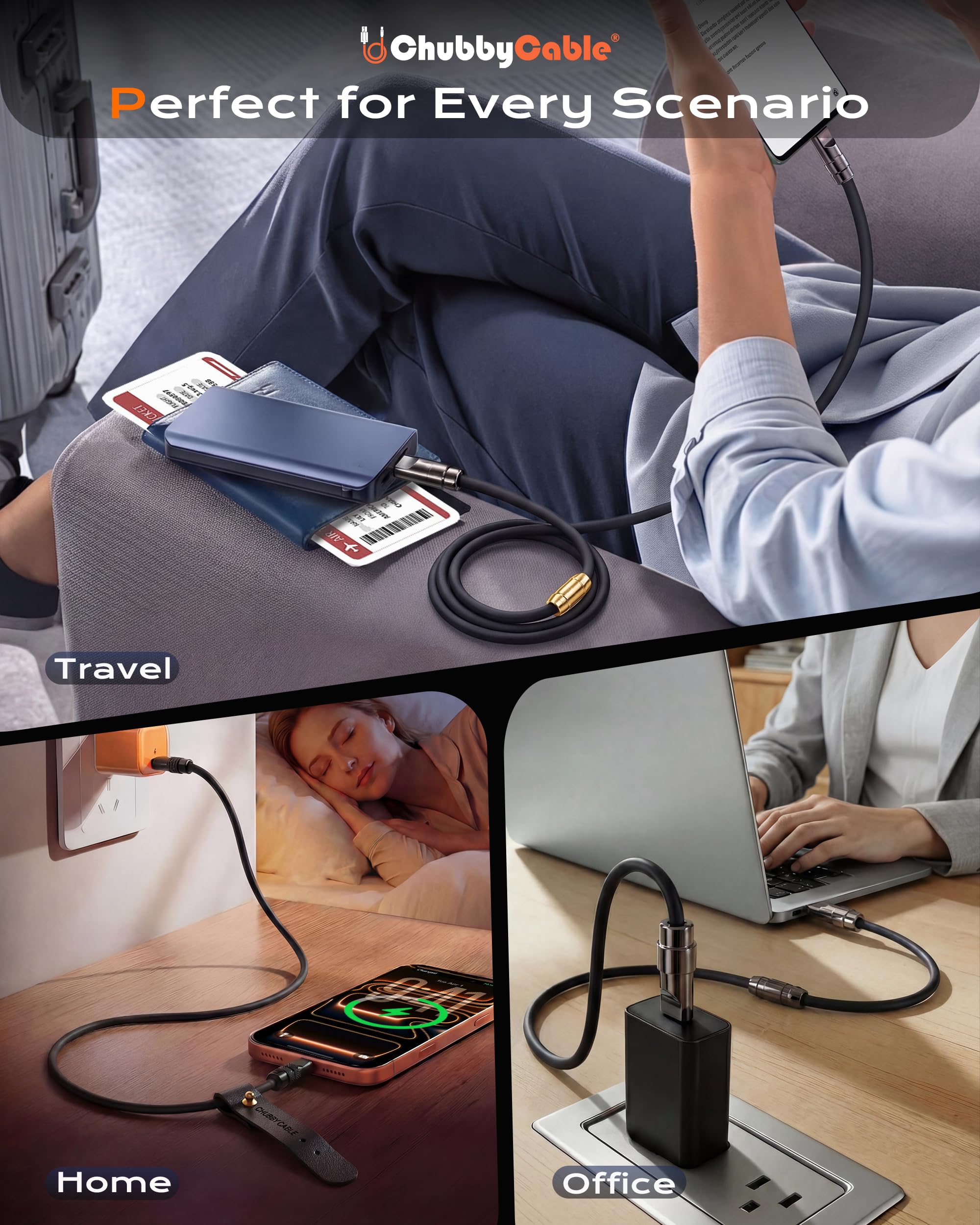 chubbycable Cavo di ricarica da USB A a C, in silicone, 120 W, nero opaco, 2 m | 6 mm di spessore, 45.000+ piegatura testata, trasferimento dati 480 Mbps, chip di sicurezza E-Marker, design senza grovigli