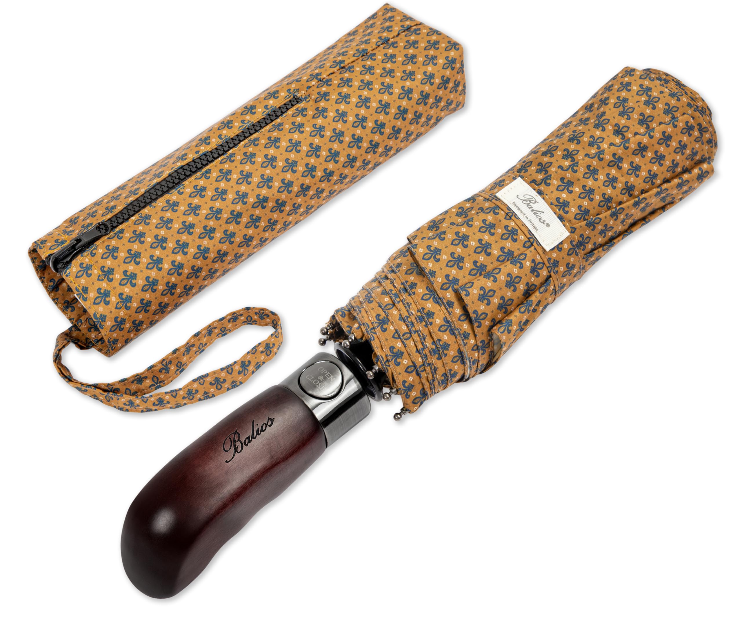 Balios Travel Folding Umbrella with Real Wood Handle Auto Open Close Vented Windproof Canopy - Designed in UK