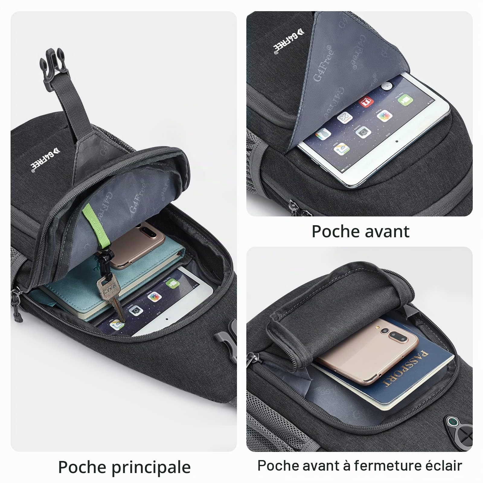 G4Free Sac à dos à bandoulière antivol avec trou pour écouteurs pour l'extérieur, le cyclisme, les voyages, la randonnée, pour homme et femme