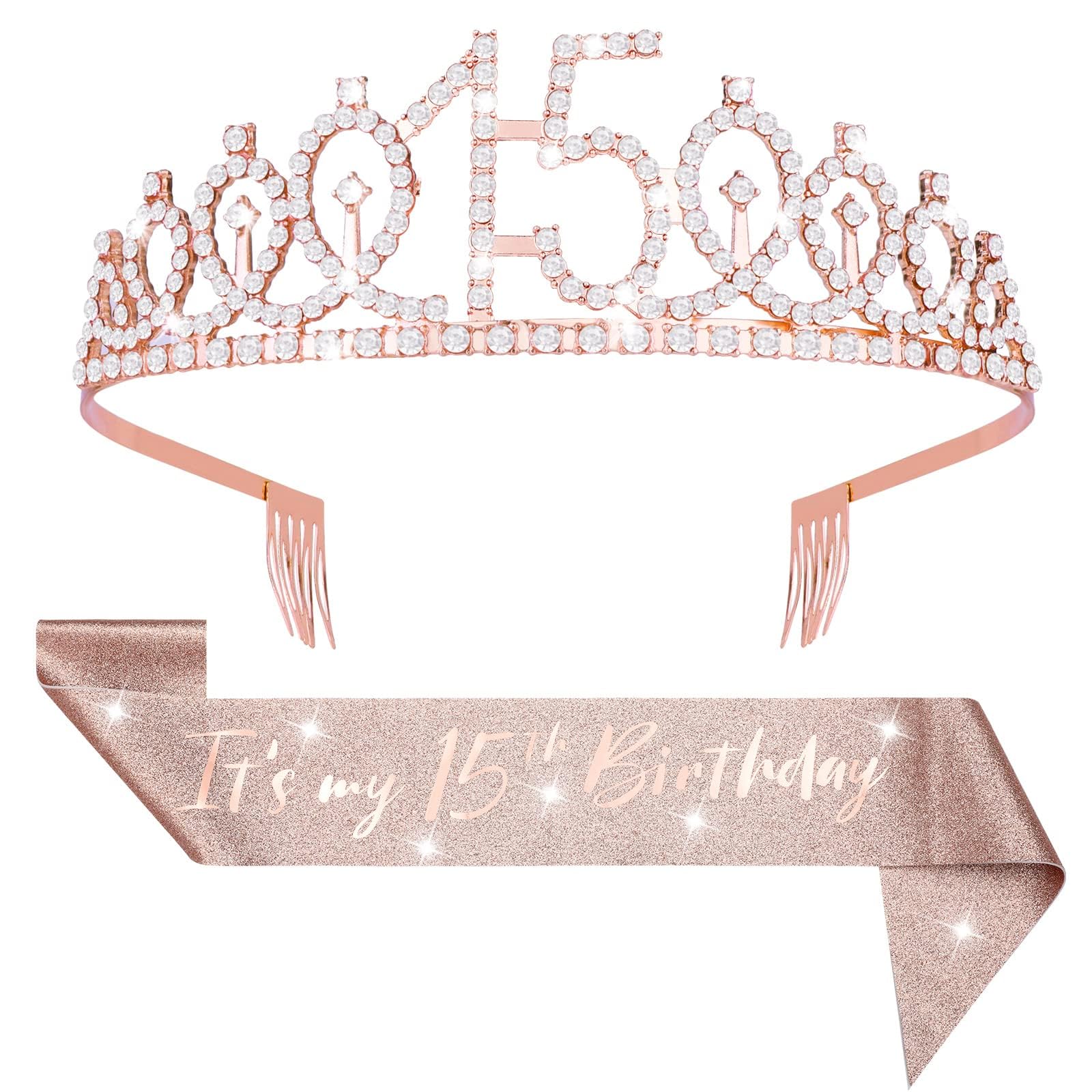 SYOSI 15th Birthday Suit Shoulder Belt and Crown for Girls, Rose Gold Crown and Fabulous Decoration Satin Sash, Gifts for Happy 15th Party Favor Supplies