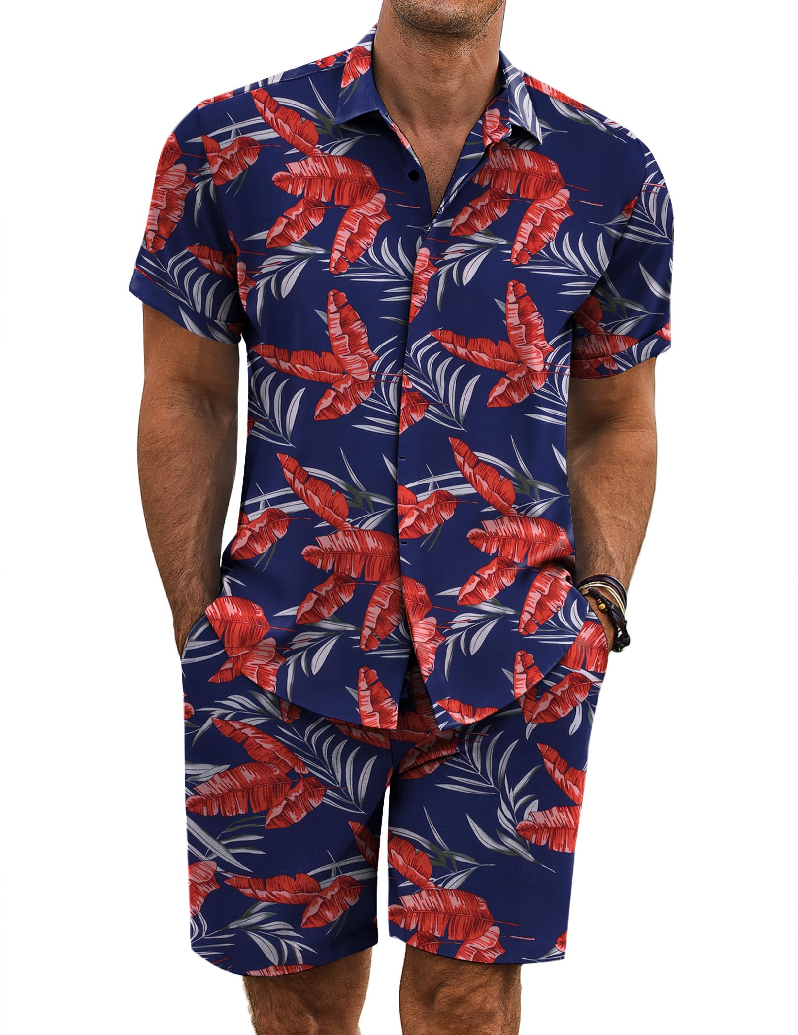 COOFANDY Men's Summer Beach Outfits 2 Piece Short Sleeve Shirts and Shorts Vacation Texture Linen Sets for Men