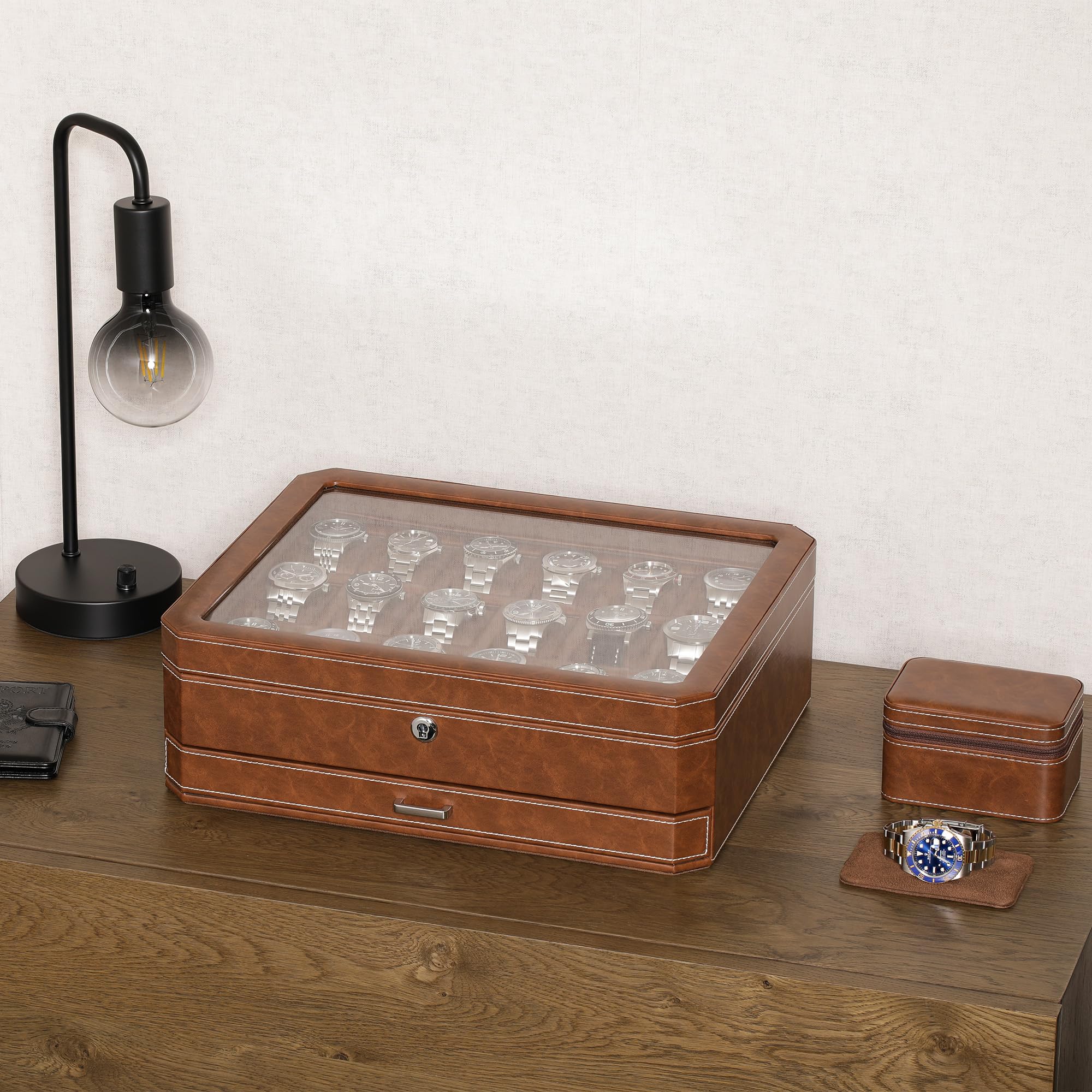ROTHWELL Scatola per 18 orologi con cassetto accessori (marrone chiaro/marrone)