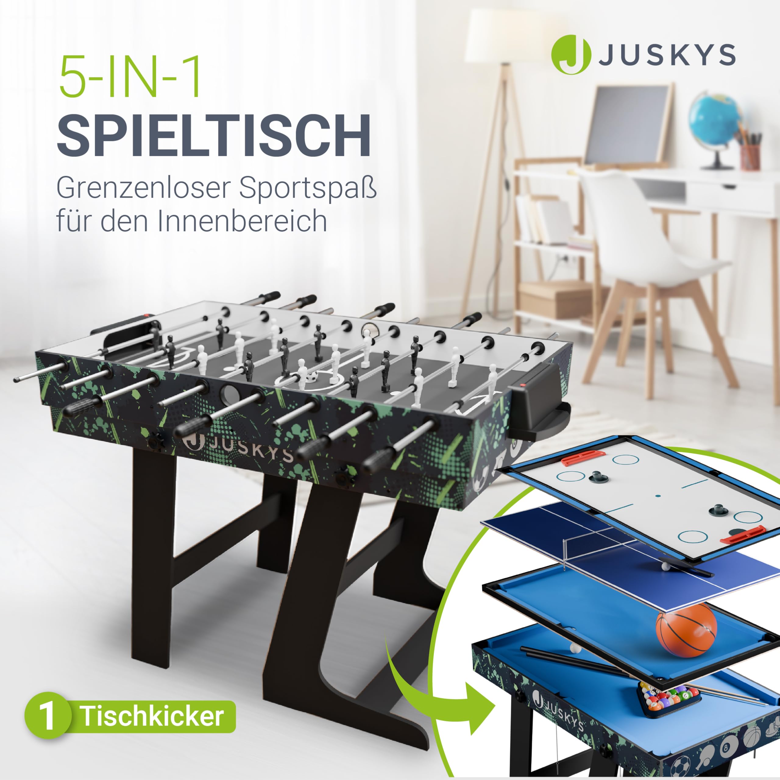 Juskys 5in1 Spieltisch Ballzauber - Multifunktionstisch klappbar mit Tischtennisplatte, Tischkicker, Billardtisch, Hockey & Basketball