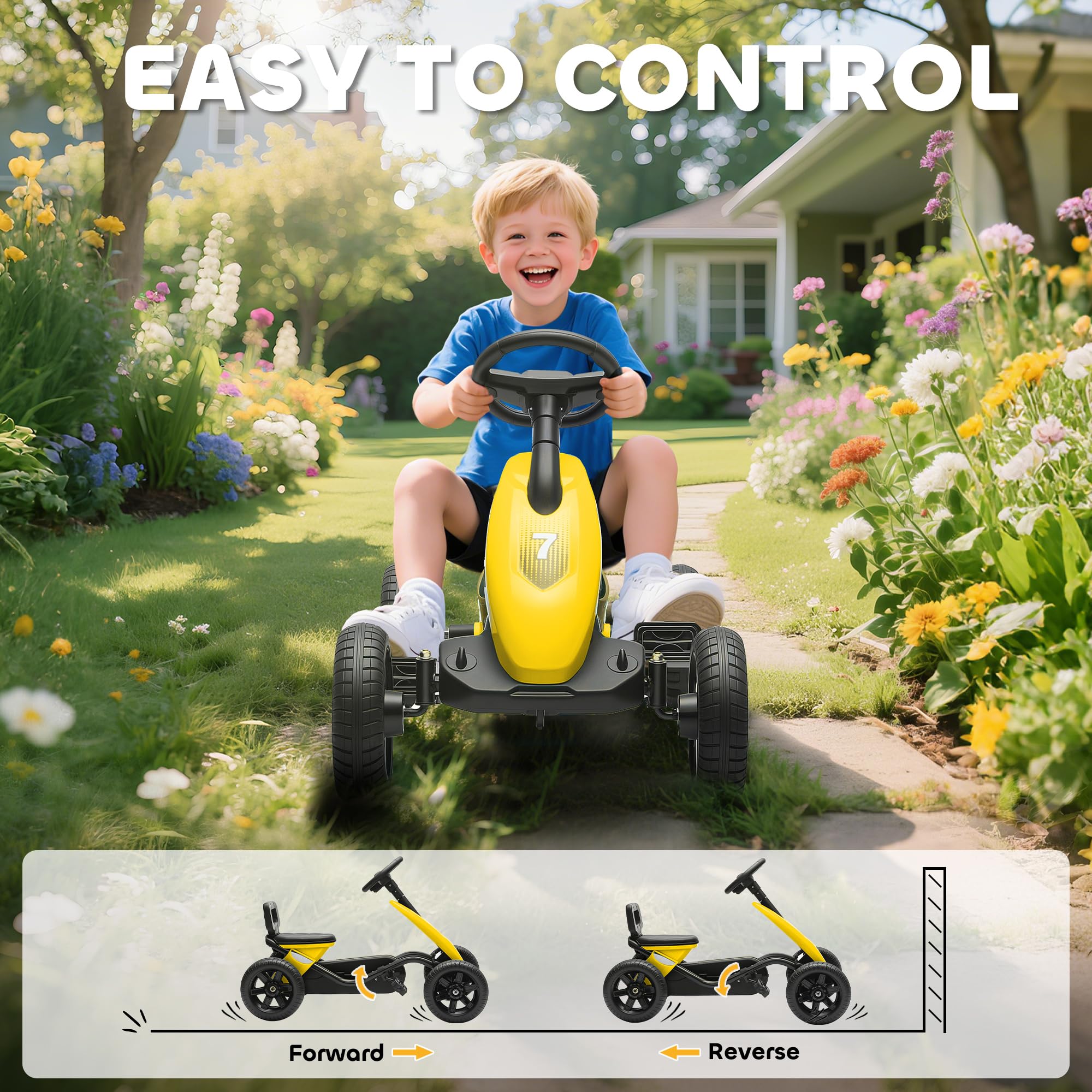 AIYAPLAY Go Kart a Pedales para niños, Coche de Carreras para niños con neumáticos EVA silenciosos, para 2-5 años, Amarillo
