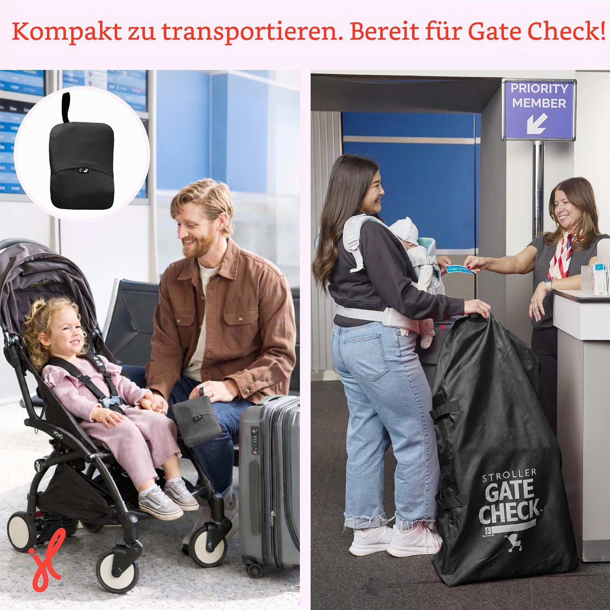 J.L. Childress Gate Check Tasche für Standard- und Doppel-Kinderwagen, Schwarz, Schwarz, Kompakt