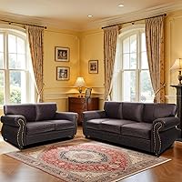 COUCHUS Mid-Century Brown Sofa Set: Loveseat + 3-Seater Couch with Rivet Design - Living Room Furniture