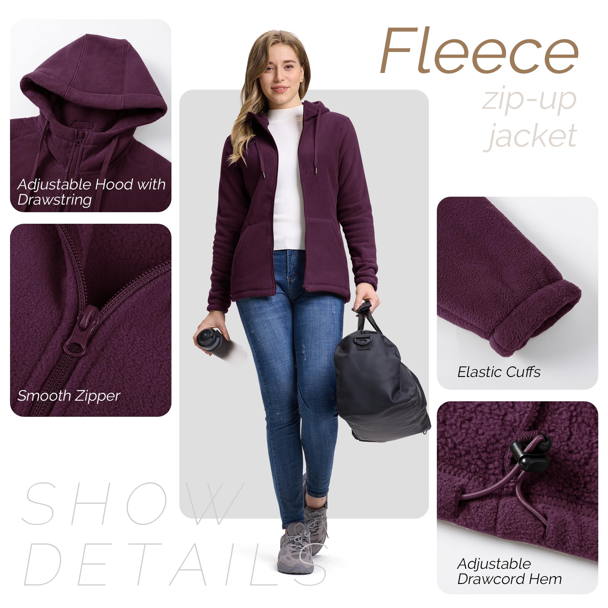 Outdoor Ventures Veste polaire pour femme avec fermeture éclair sur toute la longueur, sweat à capuche en polaire chaude avec 6 poches pour la randonnée et les loisirs