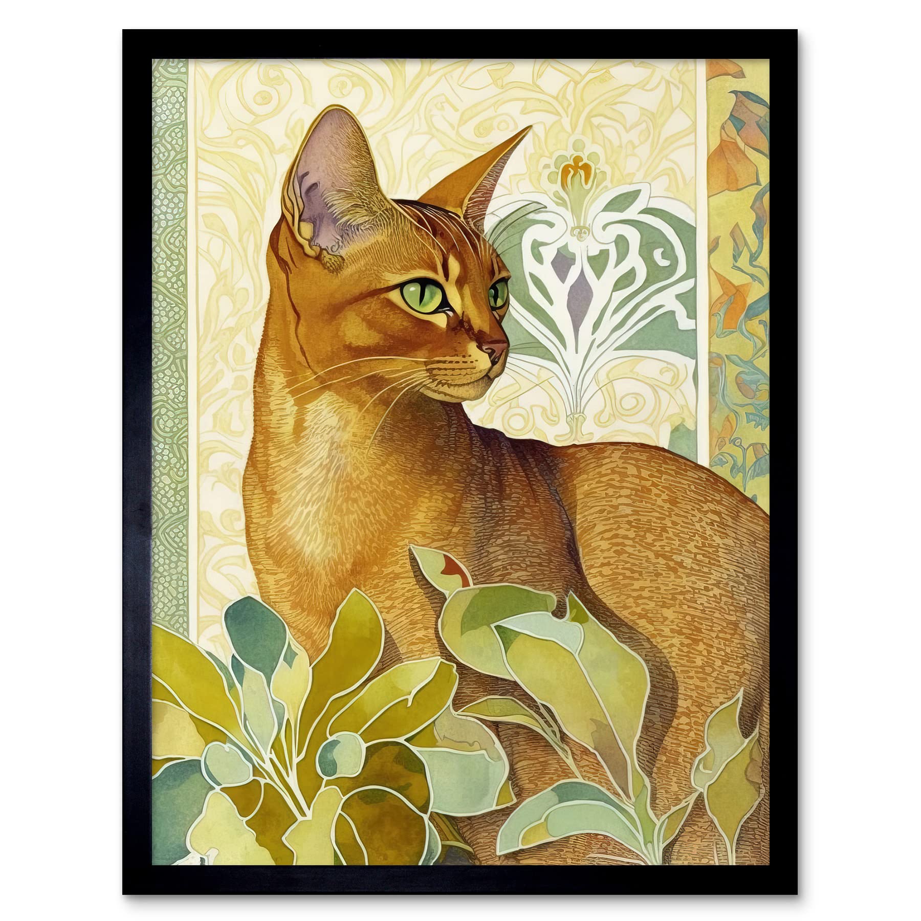 Artery8 Abyssinian Cat with Plants Art Nouveau Bright Modern Watercolour Illustration Art Print Framed Poster Wall Decor 12x16 inch