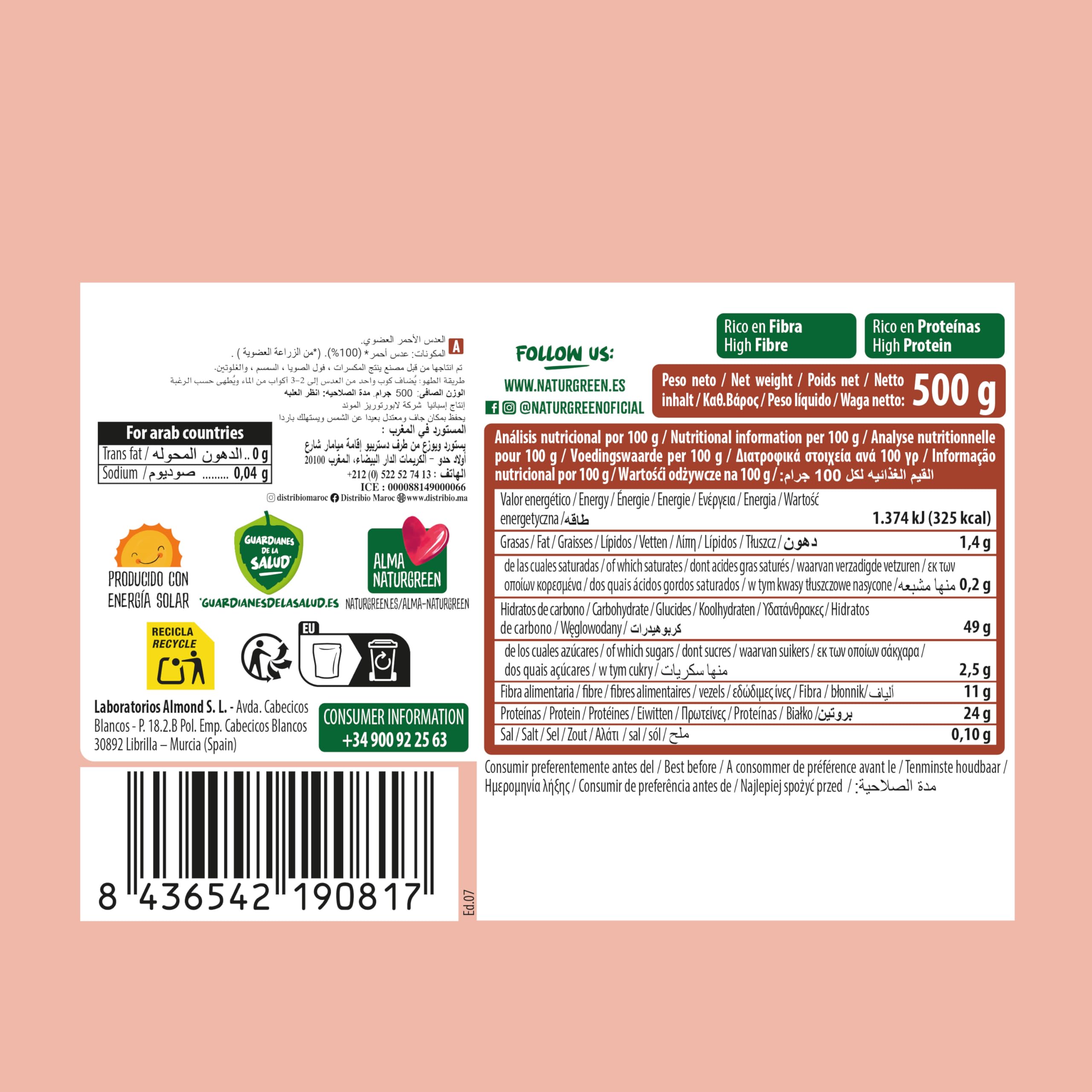 Lentejas Rojas Bio 500 g NaturGreen Alto Contenido en Proteína y Fibra Agricultura Ecológica