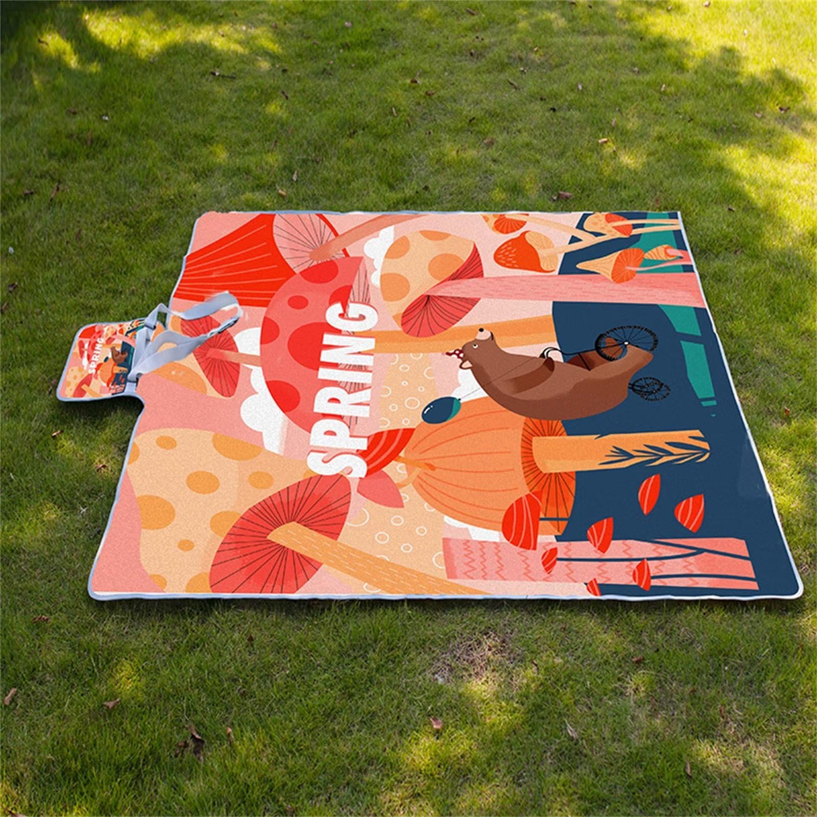 Manta Picnic Impermeable 200x200cm,Lavable Picnic Blanket,Ultrasónica Mantel Picnic,con Mango Multifunción para Acampar Playa Parque de Senderismo,Rojo Seta Animal