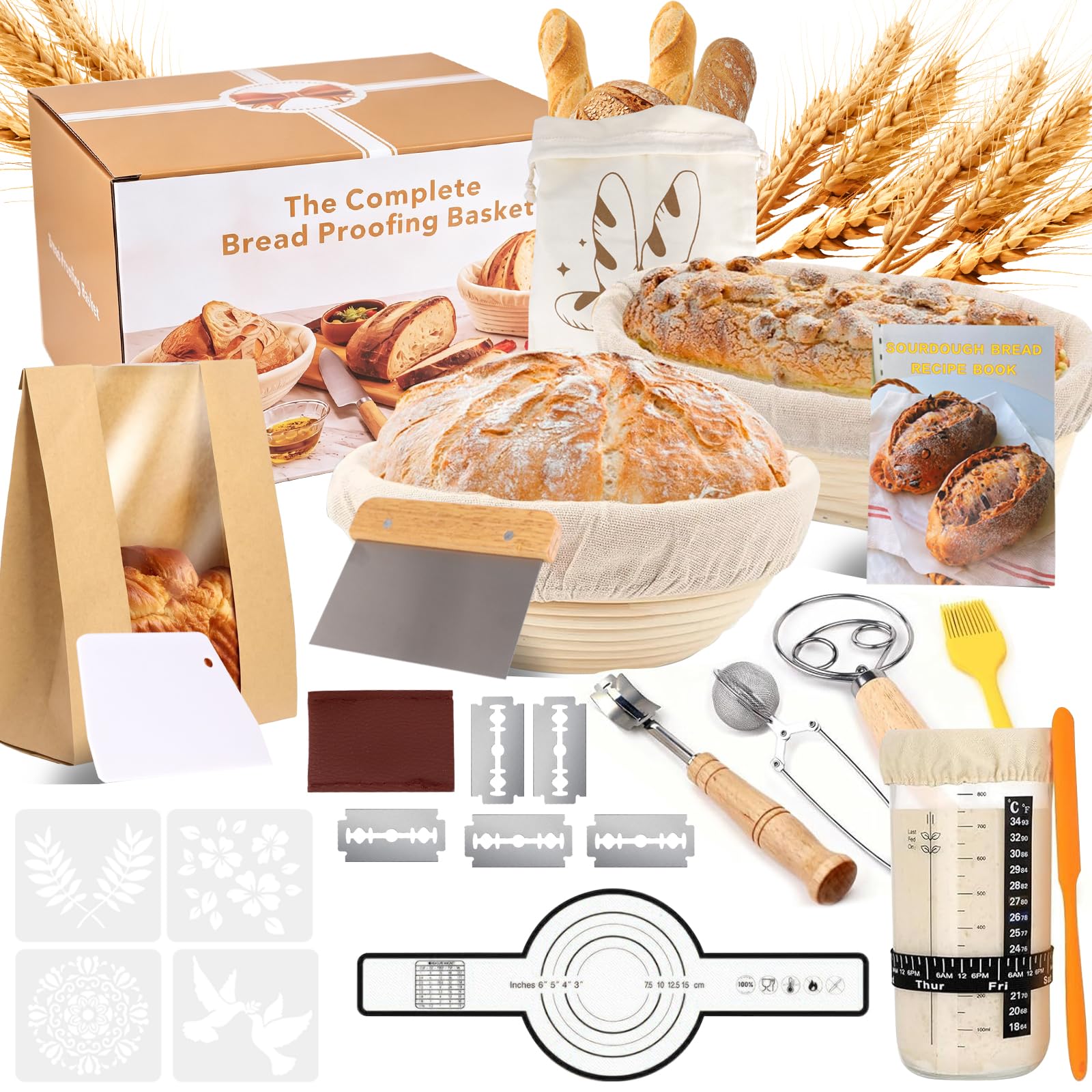 31 Piezas Banetones para Pan, Cesta de Fermentación para Pan con 23cm Ovalada + 25cm Redondo, Tarro de Fermentación, Bolsa de Almacenamiento, Accesorios para Hornear Pan