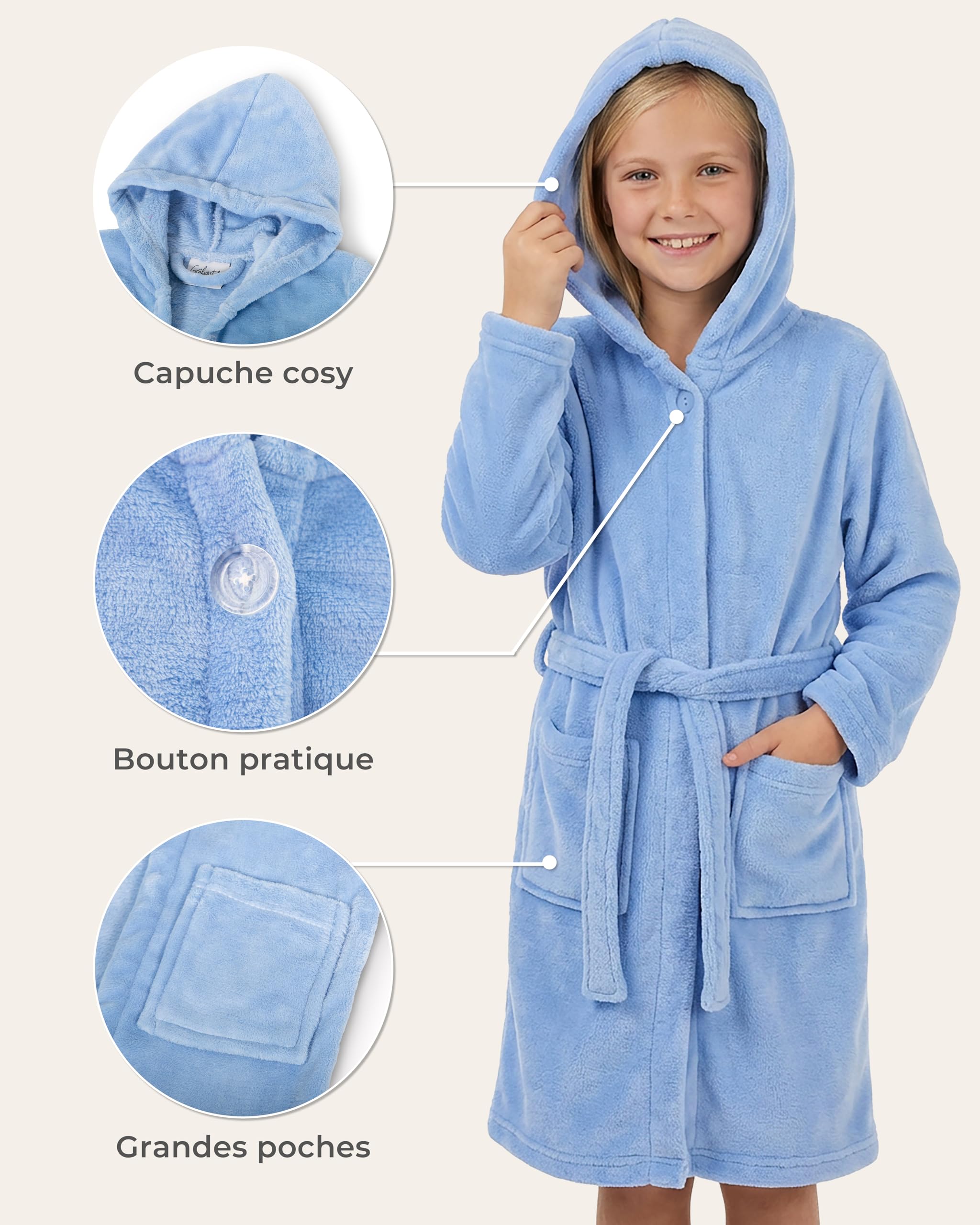 Gräfenstayn Peignoir de Bain Enfant & Adolescent en Polaire avec Bouton et Capuche - Certifie OEKO-TEX 100 - Peignoir Douillet pour Garcons & Filles