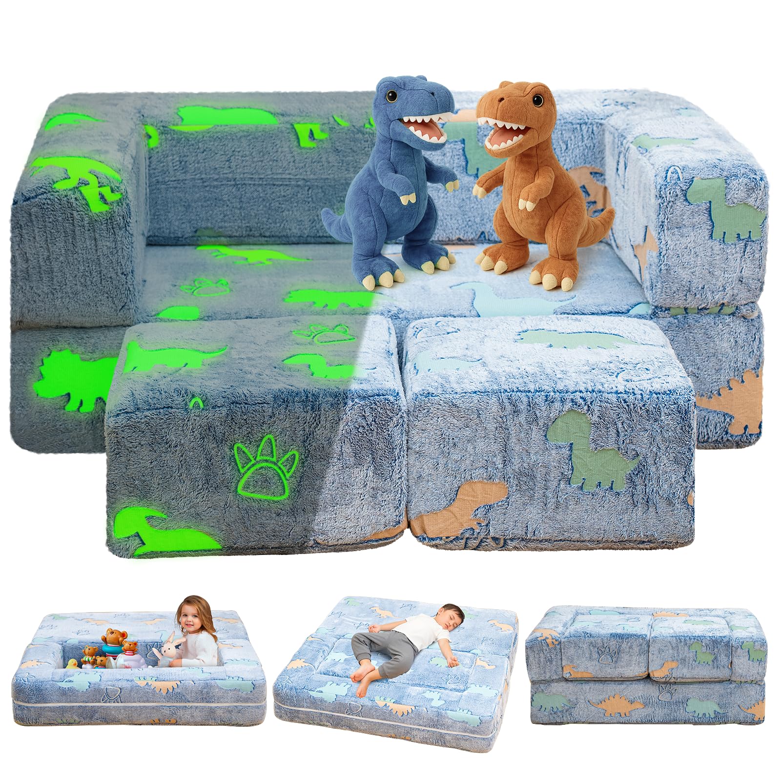 lamerge toddler couch glow in the dark toddler fold out couch for playroom, convertible baby fold out play foam and floor cushion for bedroom (blue+dinosaur)