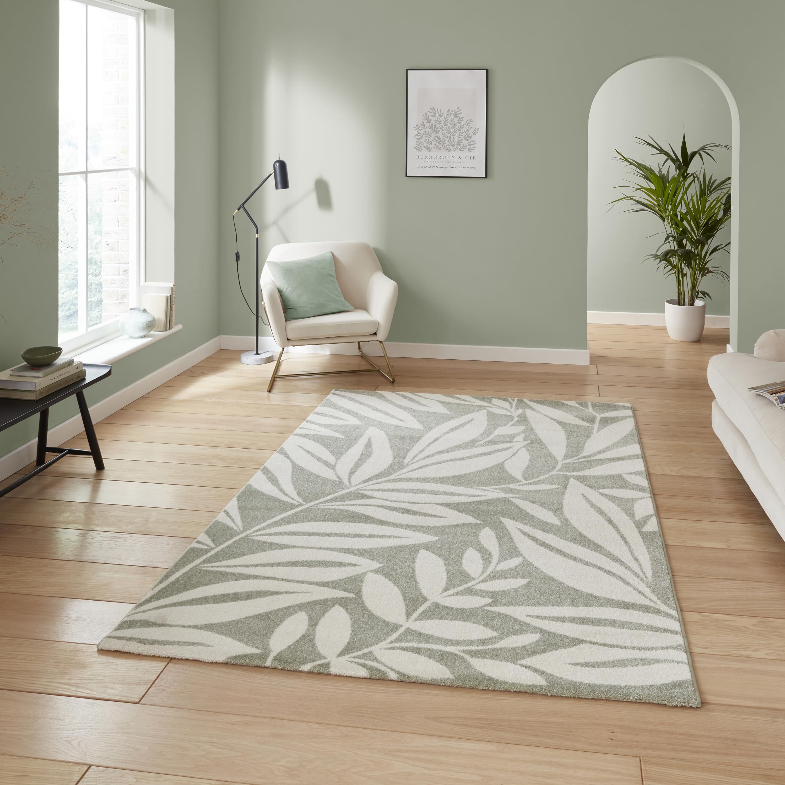 Think Rugs Catherine Lansfield Sorral Leaves Botanical Rug, Sage Green