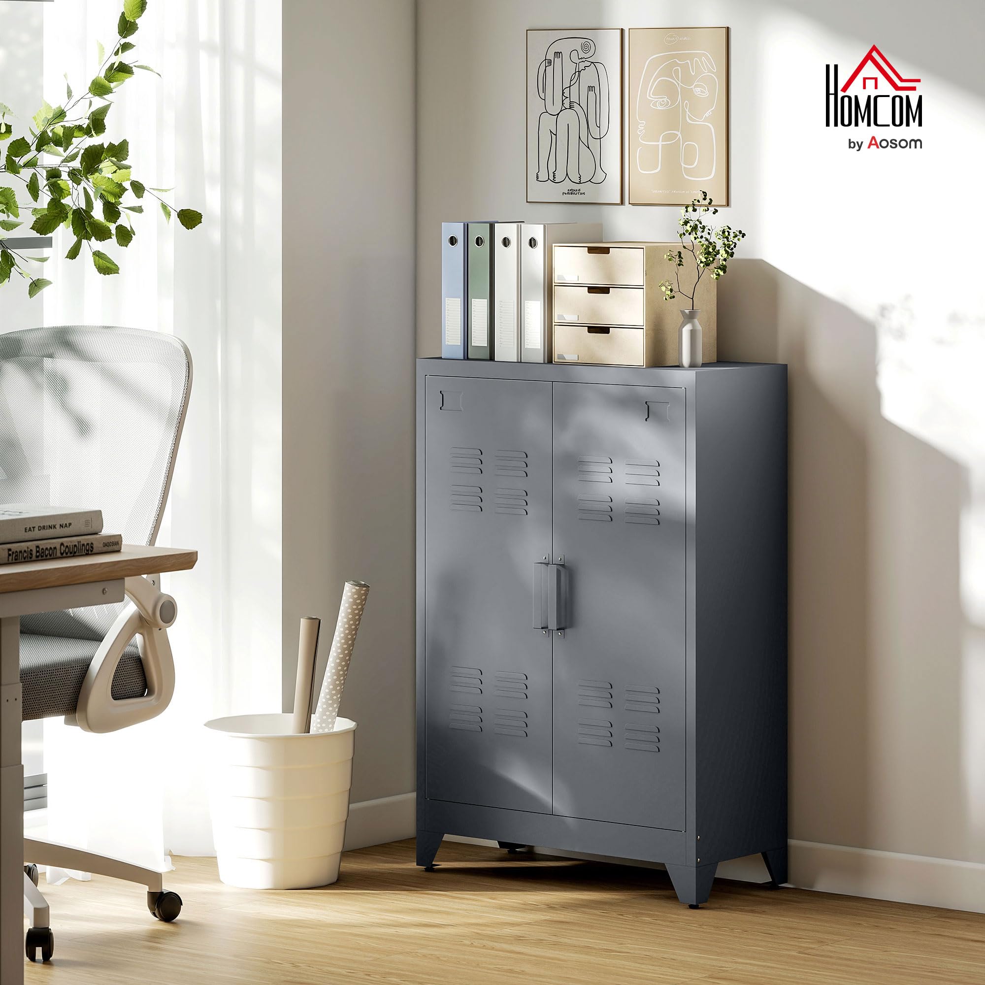 HOMCOM Armario de Almacenamiento Aparador de Metal con Doble Puerta Cierre Magnético y 2 Estantes Ajustables para Oficina Salón Dormitorio 75x33x110 cm Gris