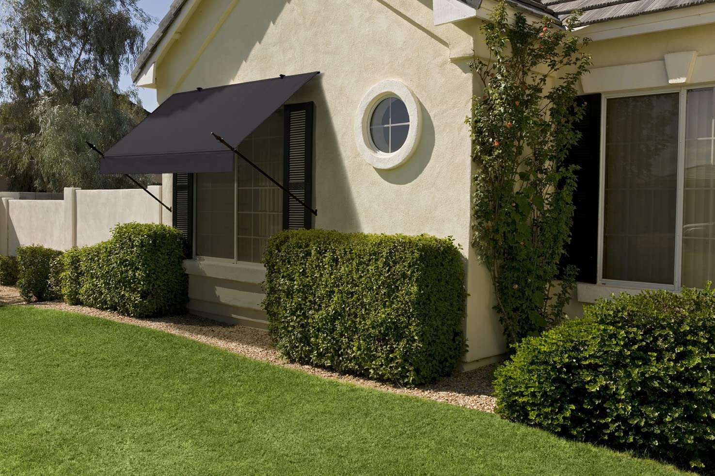Retractable Window Awning in Spear Support Style with Straight Edge Valance - 8' Wide in Ebony Black