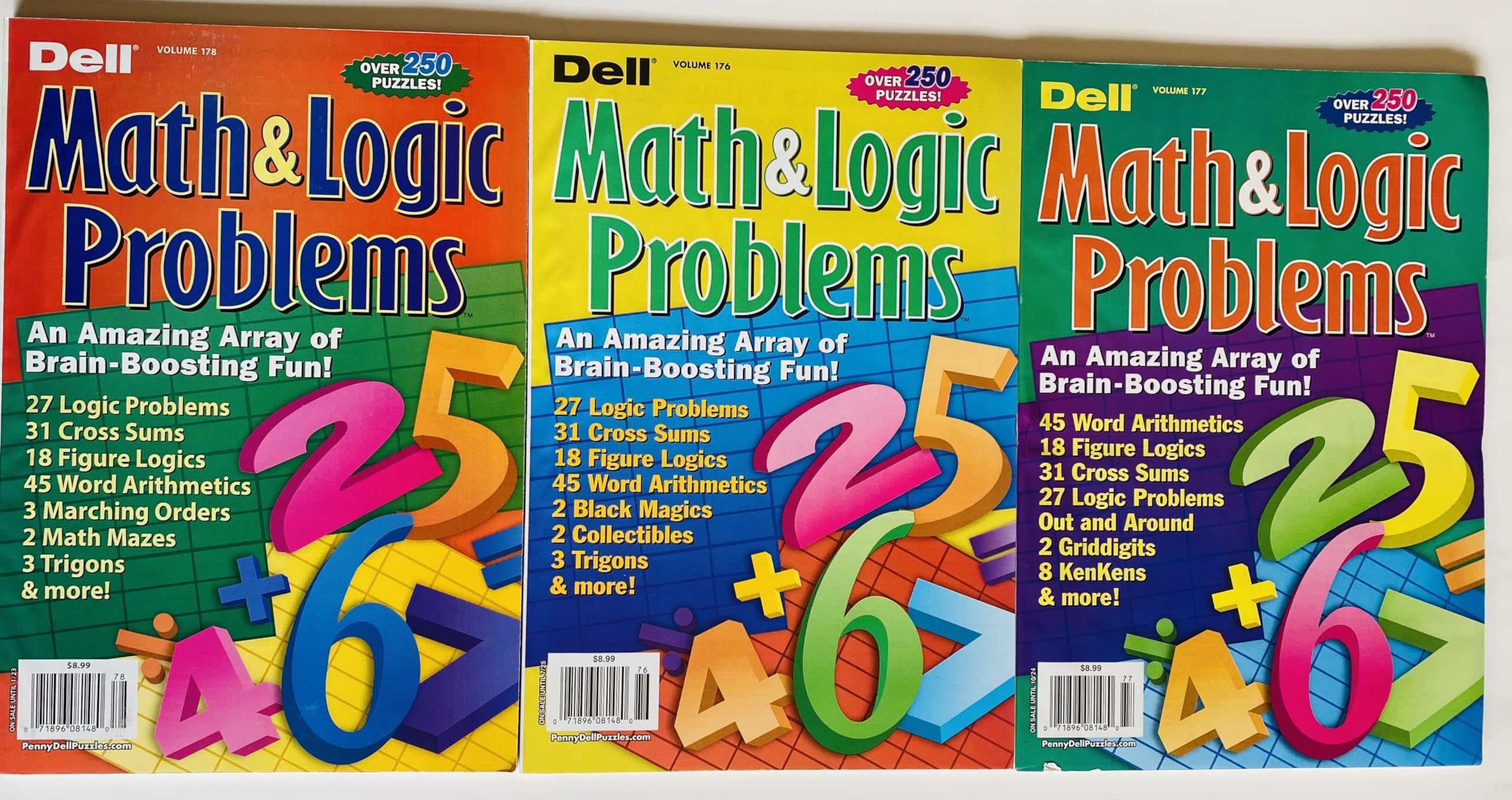 Lot of 3 Dell Penny Press Math and Logic Problems Puzzles Volumes 176,177, and 178