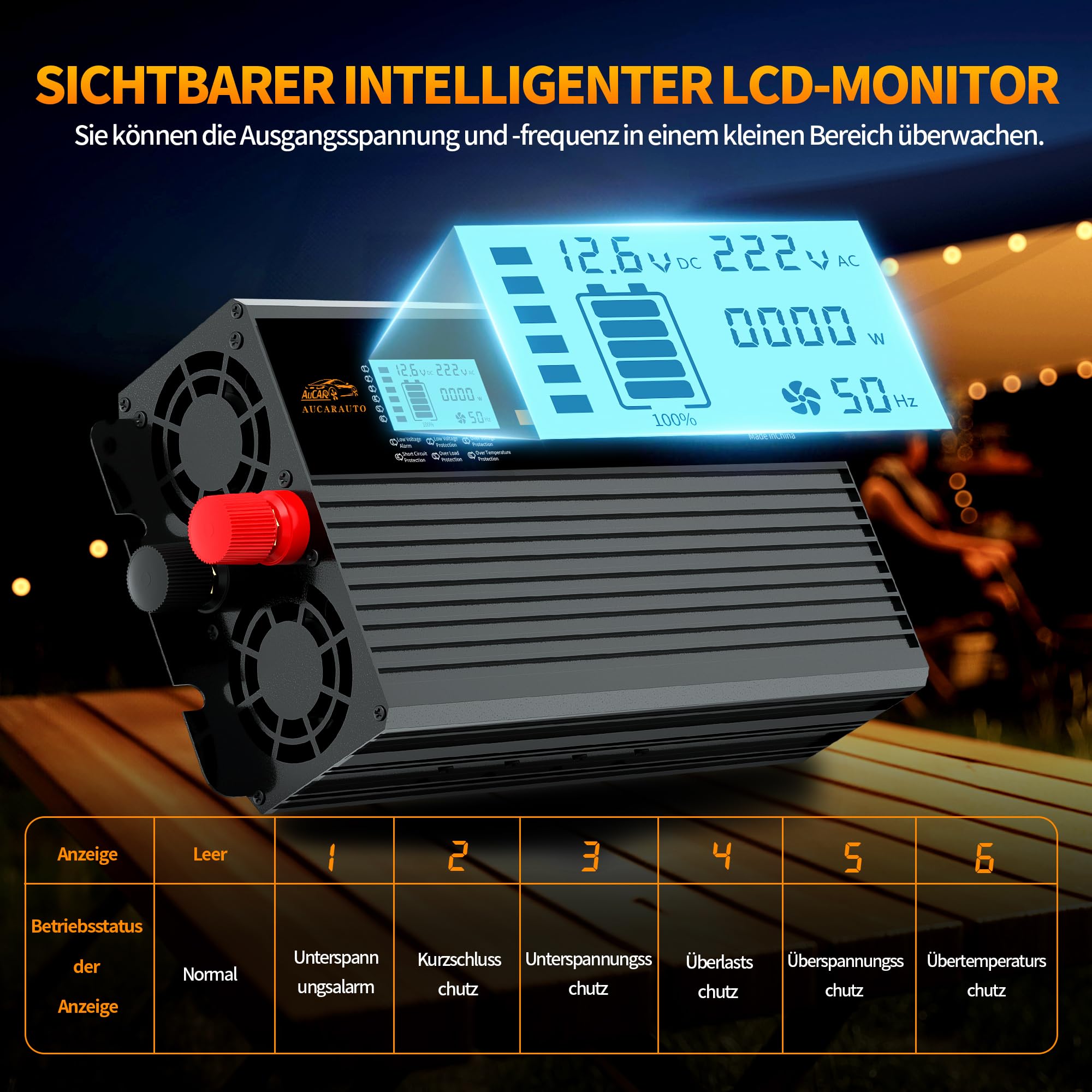 Convertitore di tensione da 1000 W/2000 W, sinusoidale pura, 12 V a 230 V, convertitore di corrente con display digitale a LED e 2 prese per auto, ricarica la macchina da caffè, frigorifero
