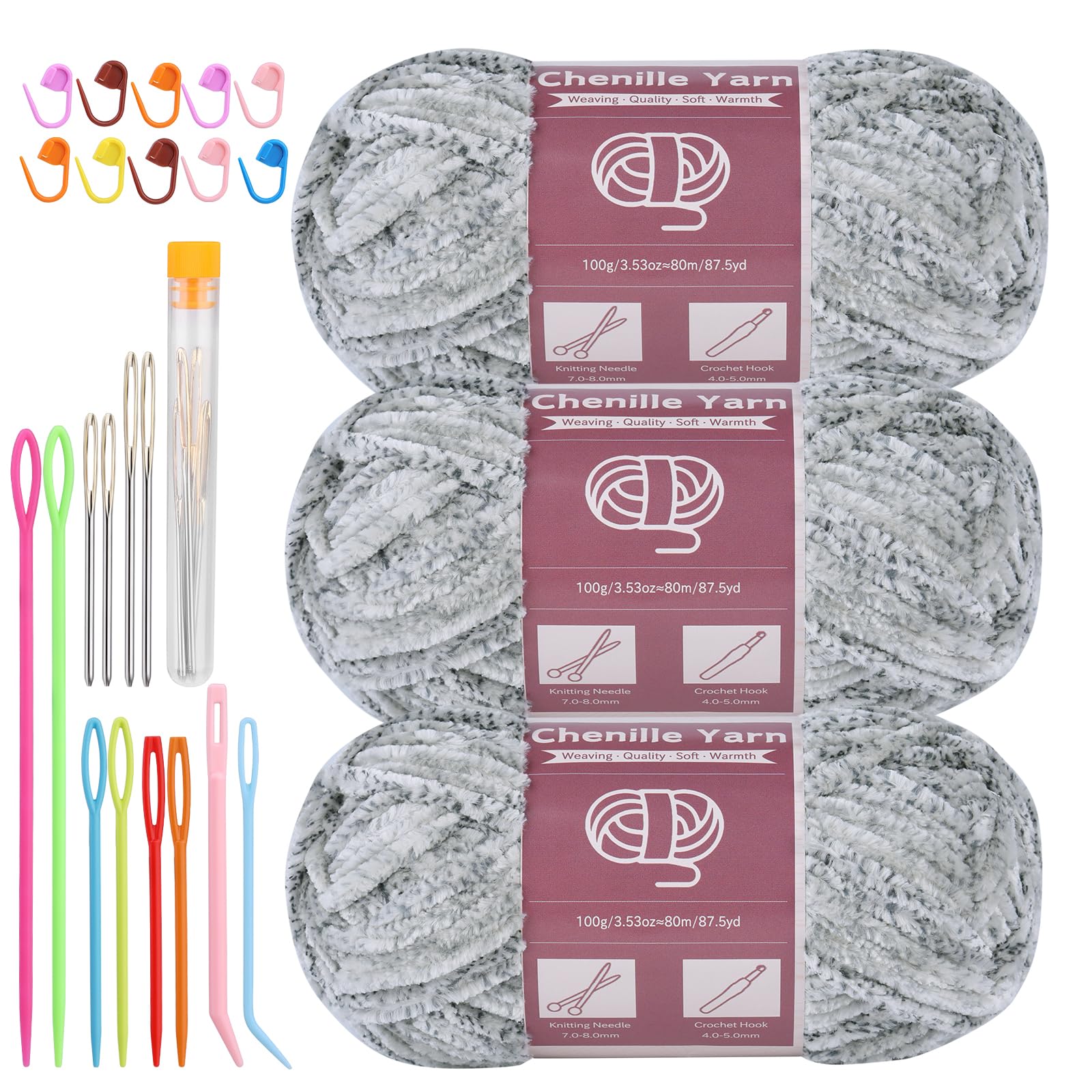 LUNARM Chenille Yarn for Crochet Knitting Chunky Blanket Velvet Yarn | 3 Pack 3.5oz/100g 263 Yard Gray Ink Gradient Yarn for Beginners Knitting Scarves with Big Eye Needles Machine Washable