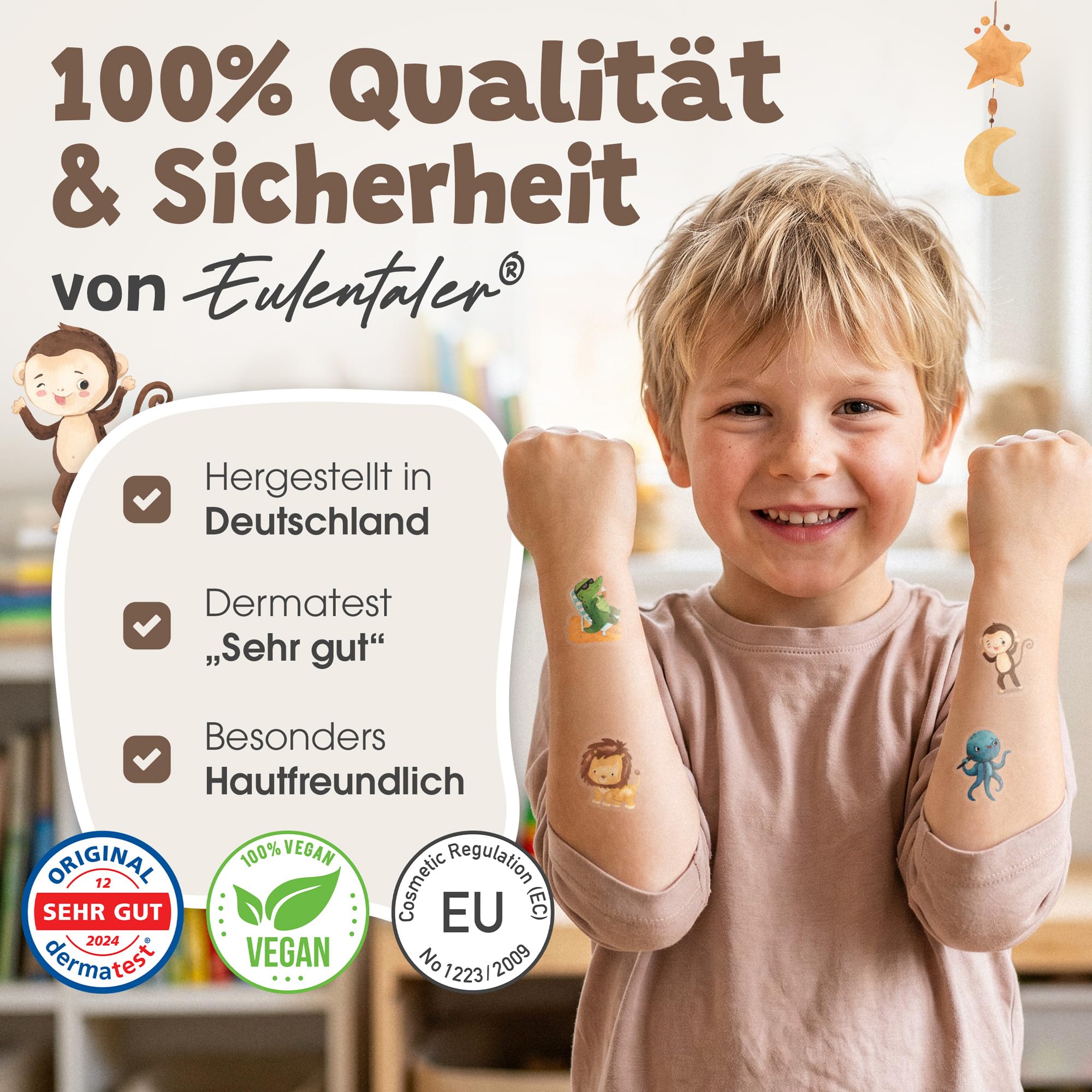 EULENTALER® Kinder Tattoo I Von Pädagogen empfohlen I 100x hautfreundliche Kindertattoos mit süßen Tier-Motiven [Dermatest: Sehr Gut] Made in Germany I Geschenk für Kinder inkl. Gratis Ausmalbilder - 3