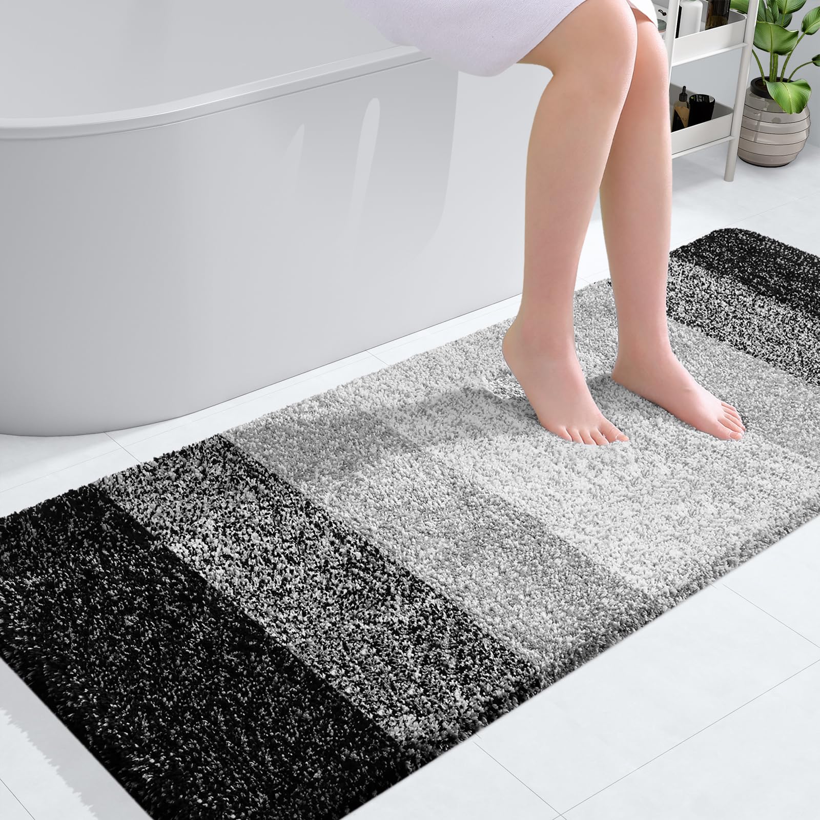 OLANLY Bathroom Runner Rug 54x24, Extra Soft Absorbent Microfiber Bath Rugs | Black, Non-Slip Quick-Drying Rubber Backing, Machine Washable Long Bath Mat for Floor, Tub and Shower, Home Decor Accessories