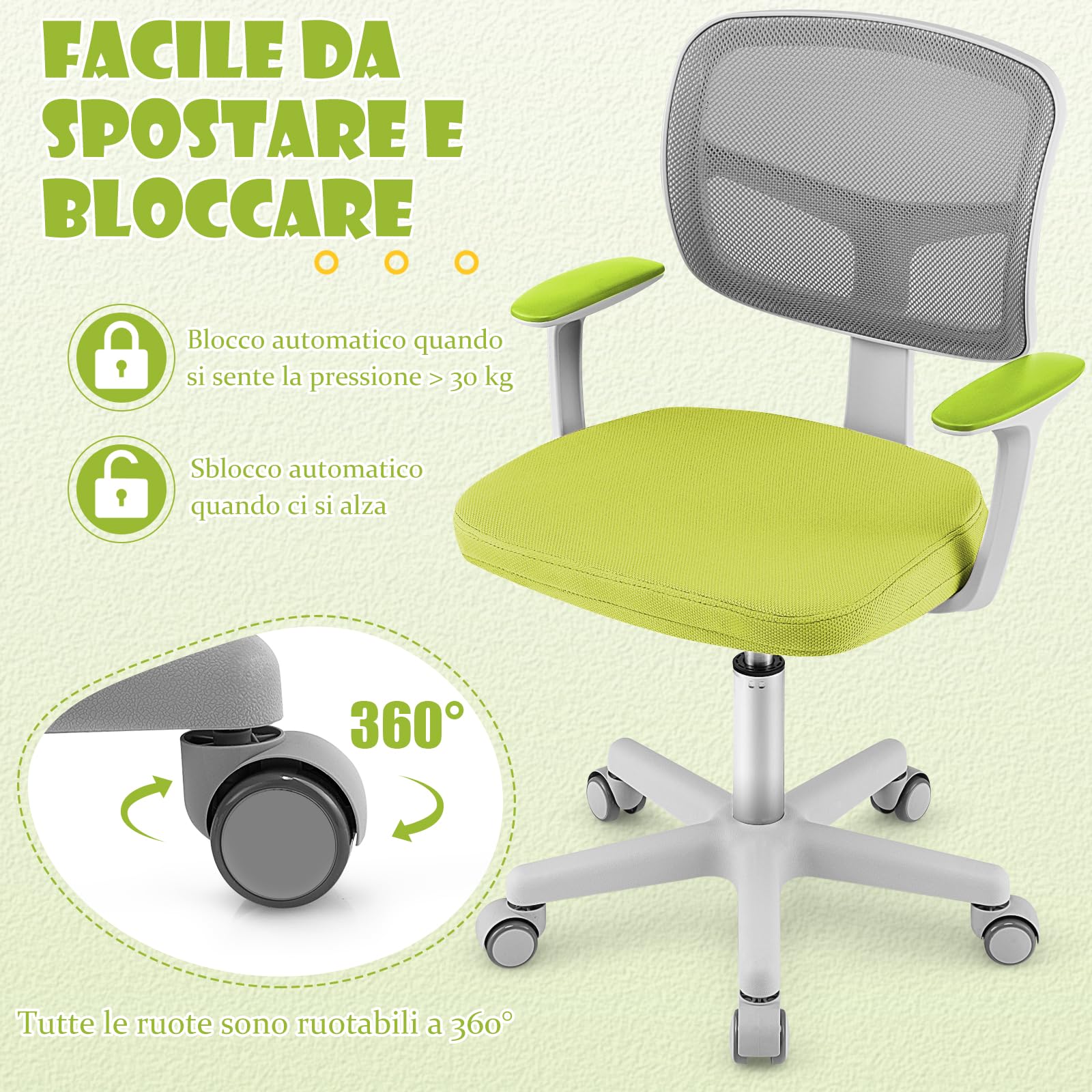 RELAX4LIFE Silla Escritorio Infantil con Altura Ajustable 40-54cm y 5 Ruedas Universales, Silla Escritorio Giratoria con Respaldo y Reposabrazos Ergonómicos para Niños 3-10 Años, Carga 150kg (Verde)