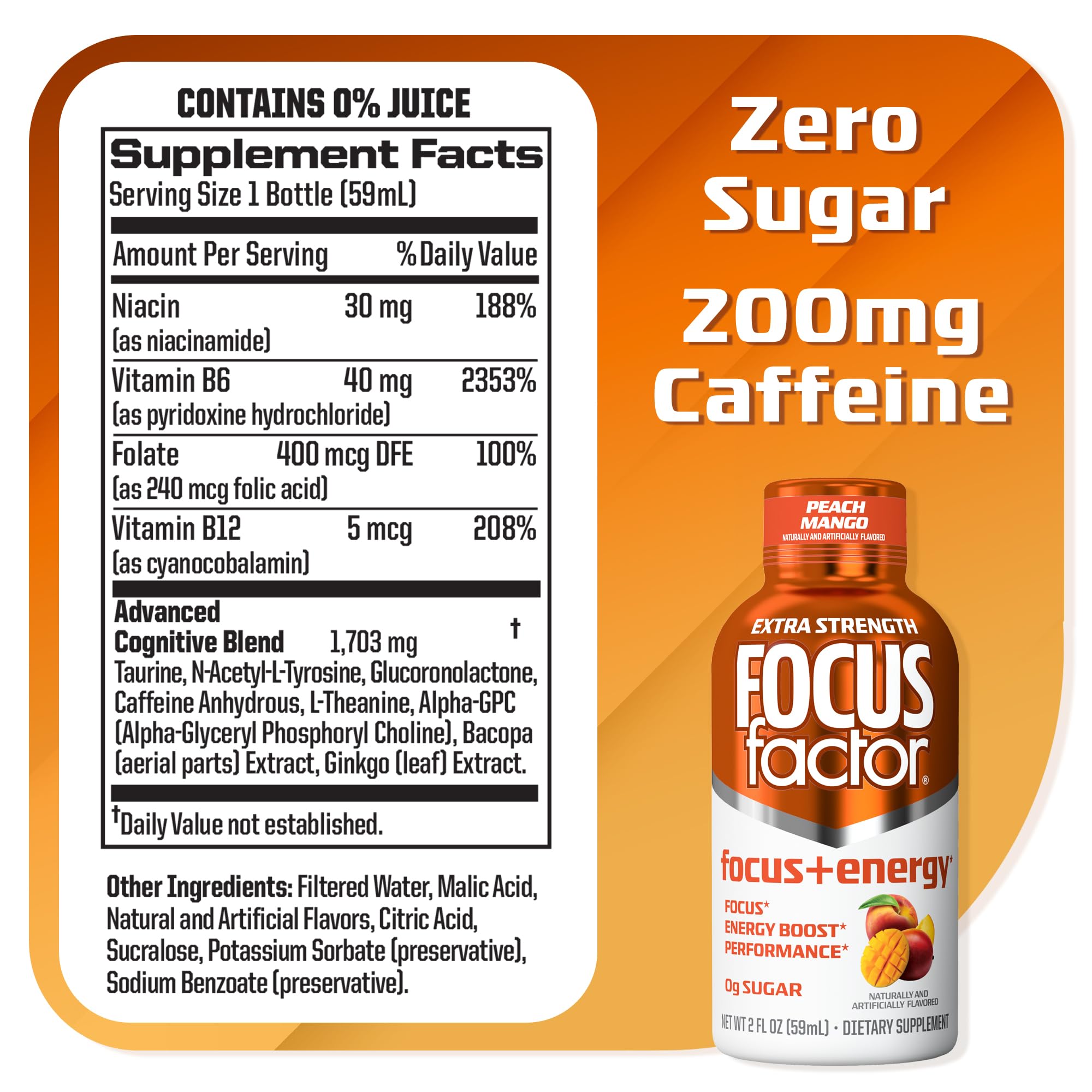 Focus Factor Extra Strength Focus + Energy Shots - 12 x 2oz Bottles (Peach Mango Flavor) - Powered by Nootropics with Caffeine, L-Theanine, Ginkgo, Bacopa, L-Tyrosine, Alpha GPC — Amazon image 2