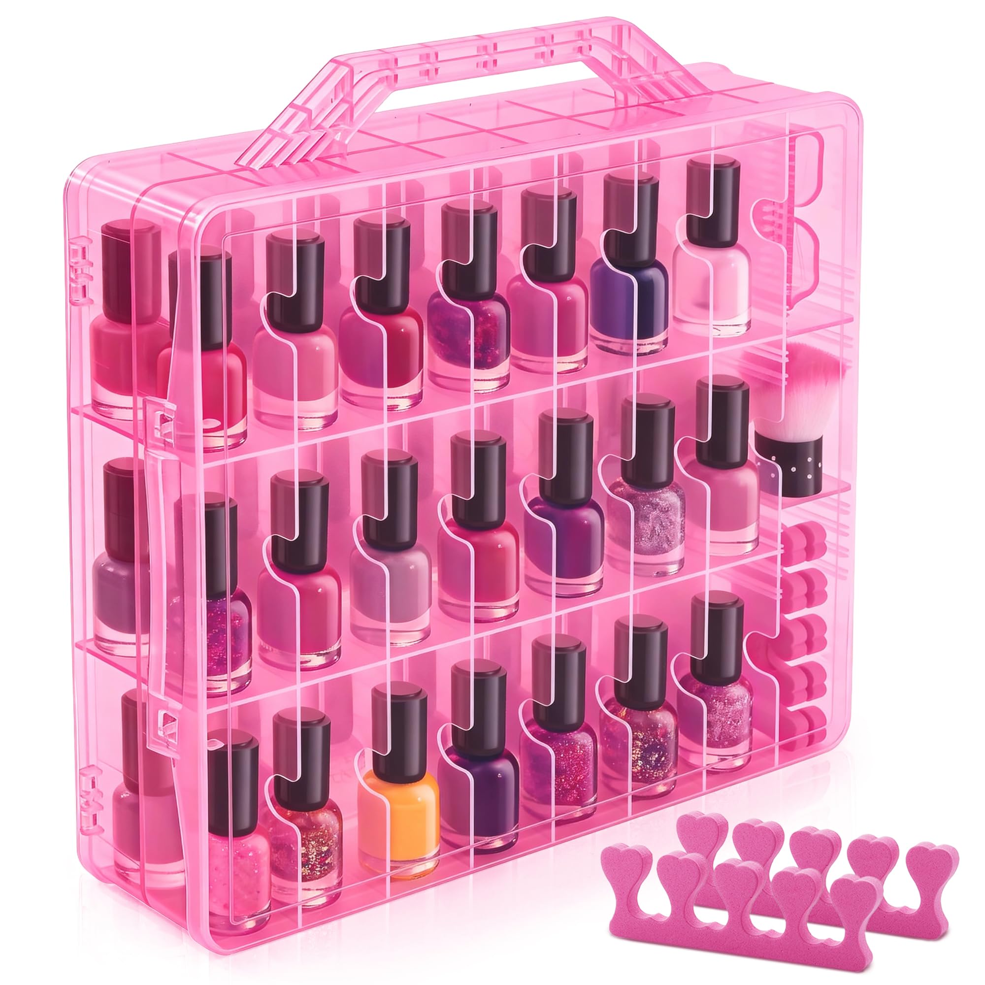 DreamGenius Nail Polish Organizer Case for 48 Bottles with 2 Nail Separators, Double Side Gel Nail Polish Holder with Adjustable Dividers, Pink