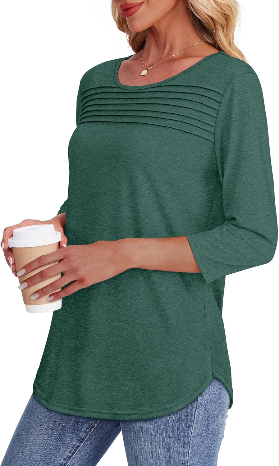 OFEEFAN Womens Tops 3/4 Length Sleeve Blouses Dressy Casual Spring Summer Fall Outfits Pleated Front T Shirts Curved Hem - Image 4