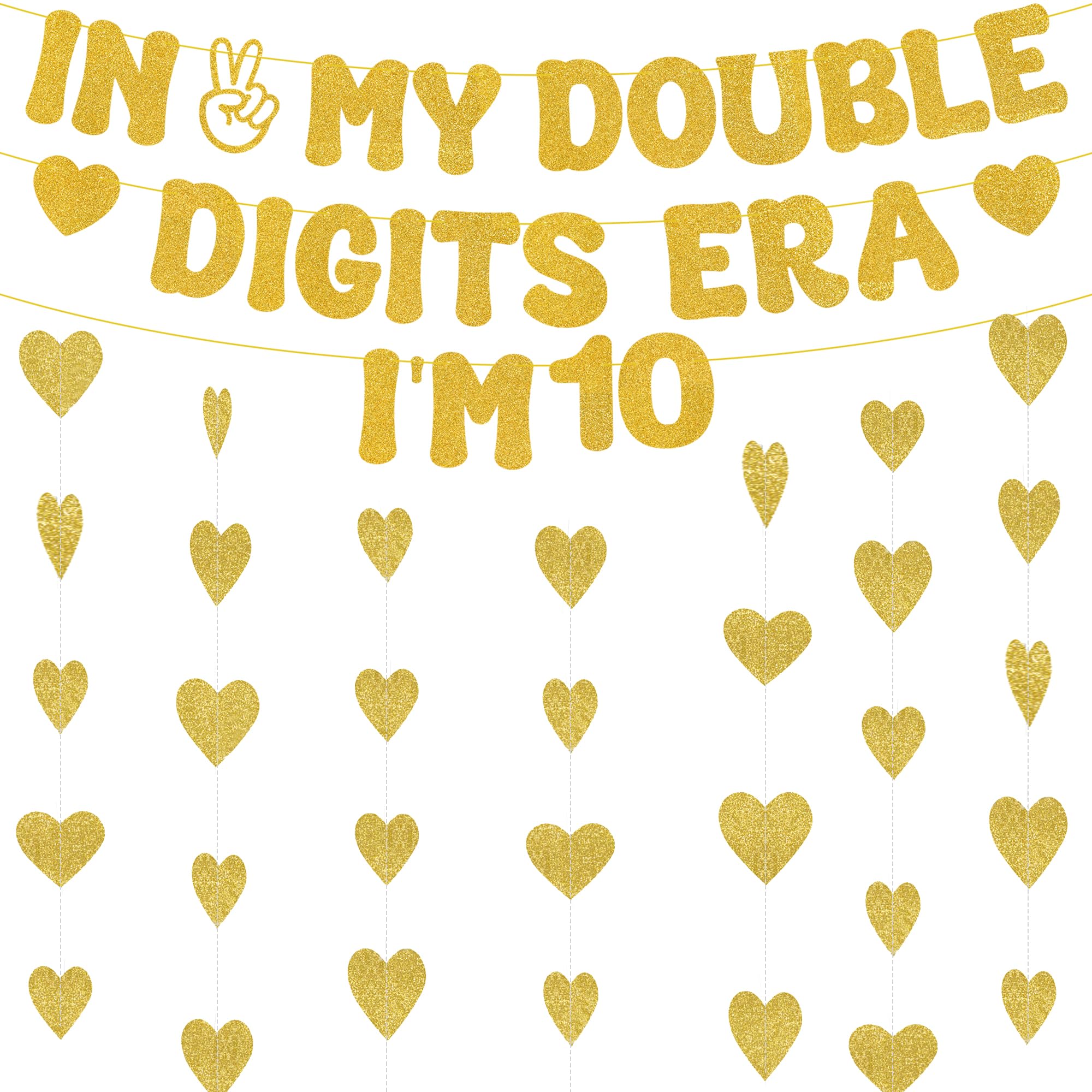 Aurmonigo 10th Birthday Decorations Girl - Gold In My Double Digits Era I'm 10 Banner Heart Garland, Hanging Decoration for 10-Year-Old Girls and Boys Happy Birthday Party Supplies