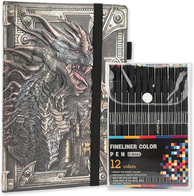 Dragon Leather Bullet Dotted Notebooks with 12 Colors Pen, A5 Embossed Writing Hardcover Executive Journal, 200 Pages Paper, Multicolor Pen, 21.5×14.5cm (Multicolor)