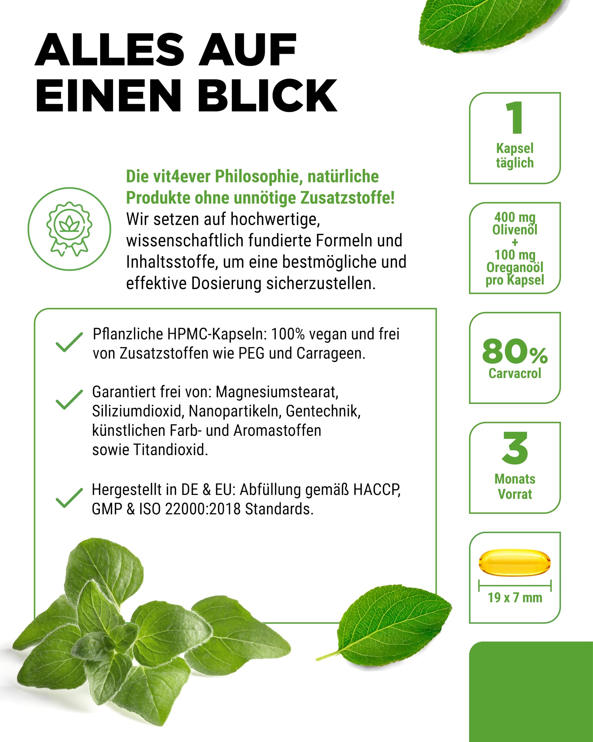 vit4ever Bio Oreganoöl Olivenöl - 90 Kapseln - Hochdosiert mit 80 mg Carvacrol pro Kapsel - griechisches Oreganoöl & natives Olivenöl aus kontrolliert biologischem Anbau - Vegan
