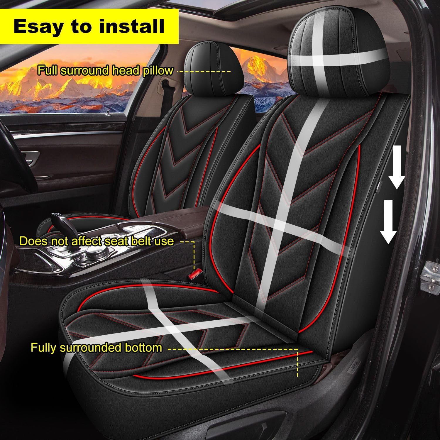 Front Seat Covers Fit for Mitsubishi Outlander Sport 2011-2024 2025 2026 Leather Car Seat Covers Waterproof Seat Cushion Protector Compatible with Airbag(2 Front Seats,Red Line)