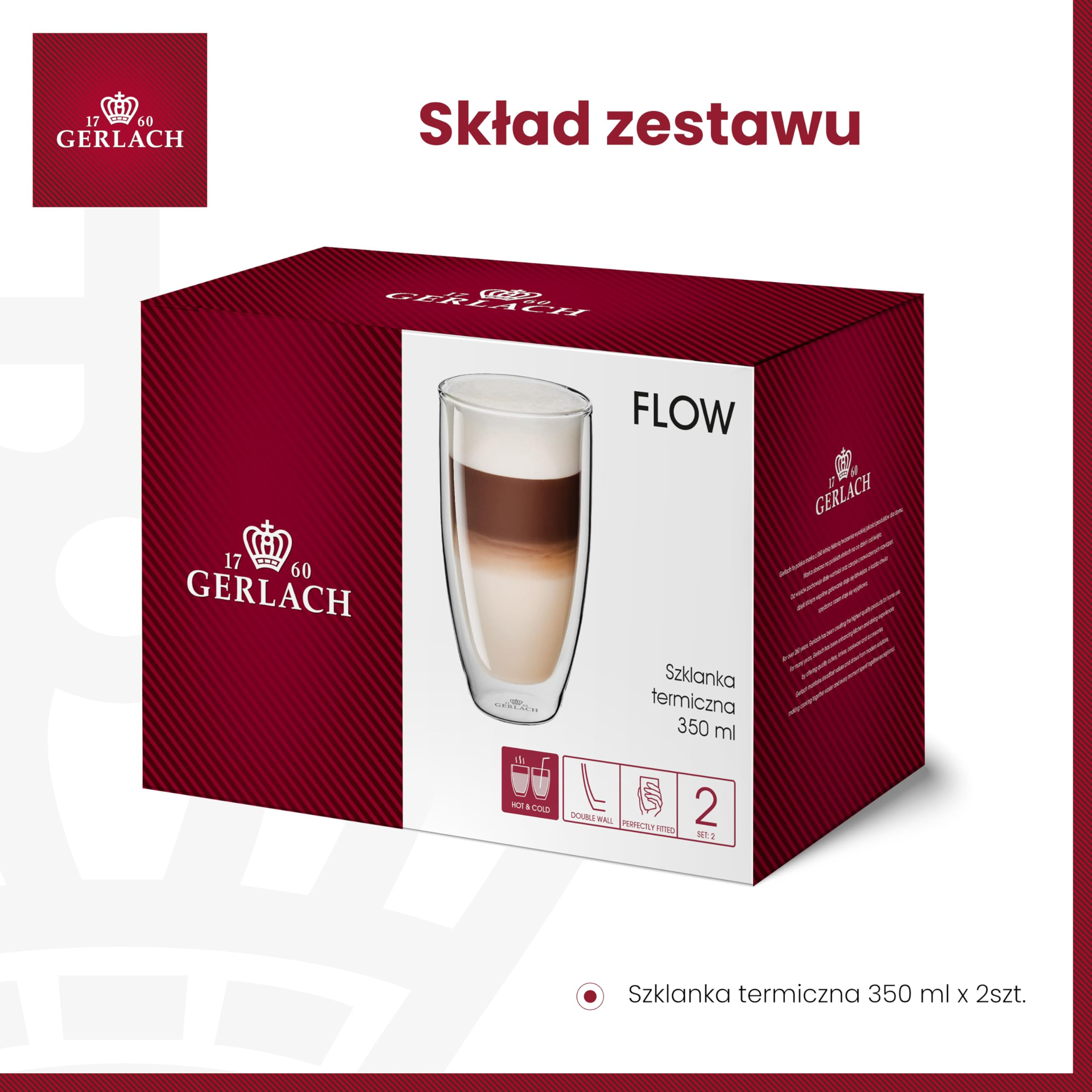 Gerlach 1760 Zestaw 2 Szklanek Termicznych Do Kawy Caffè Latte Herbaty Z Podwójnymi Ściankami Przezroczyste 350 ml Flow