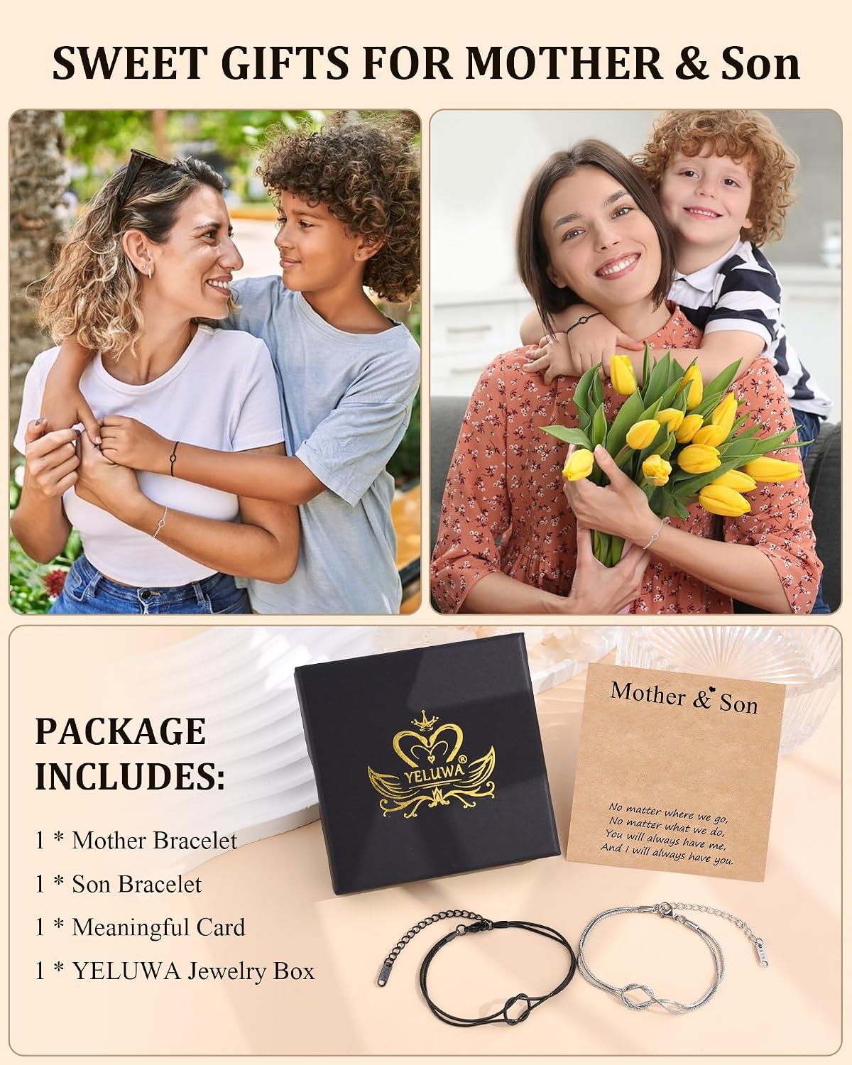 YELUWA 2 Pcs Mother Daughter/Son Bracelets, Mothers Day Gifts, Back to School Gift, First Day of School Gifts, Lovely Charm Bracelets Set Mommy and Me Jewelry with Gift Box Wish Card