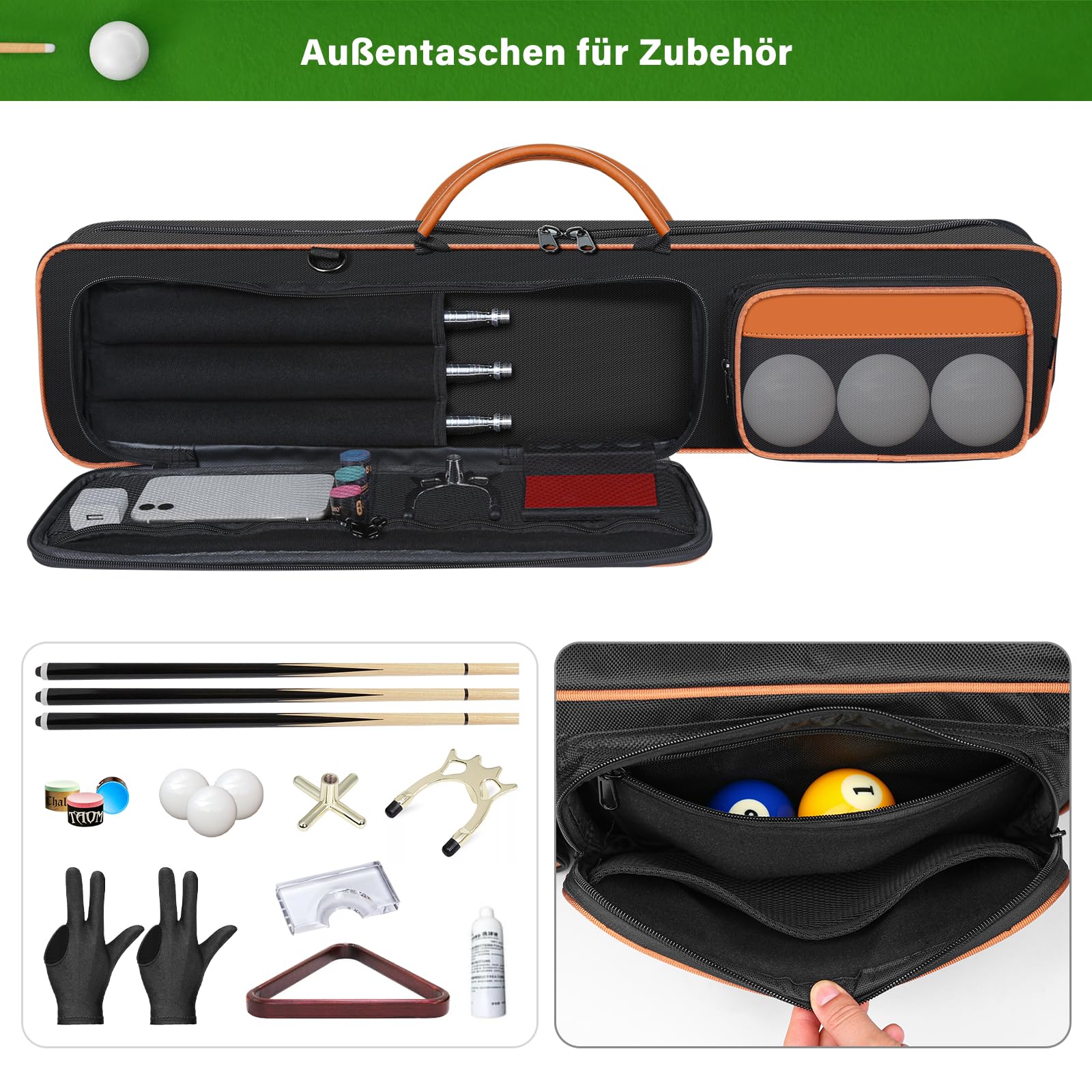 4x5 Billard Queue Tasche für 4 Unterteile und 5 Schäfte,Weich Gepolsterte Pool Queue Tasche mit Großen Vordertaschen für Billard-Zubehör,Billard Queue Koffer mit Schultergurten für Einfaches Tragen