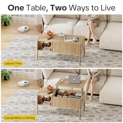 Miniatura 4 de Mesa de Centro con Tapa Elevable Acanalada con Almacenamiento Oculto y Abierto, Mesa de Centro Rectangular Moderna para Sala de Estar, Elevación
