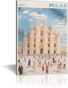 Aozomo Milan Duomo Wall Art Italy Travel Poster Style Cathedral Canvas Print, European Cityscape Decor for Living Room Bedroom Office Canvas Wraps,12x18in