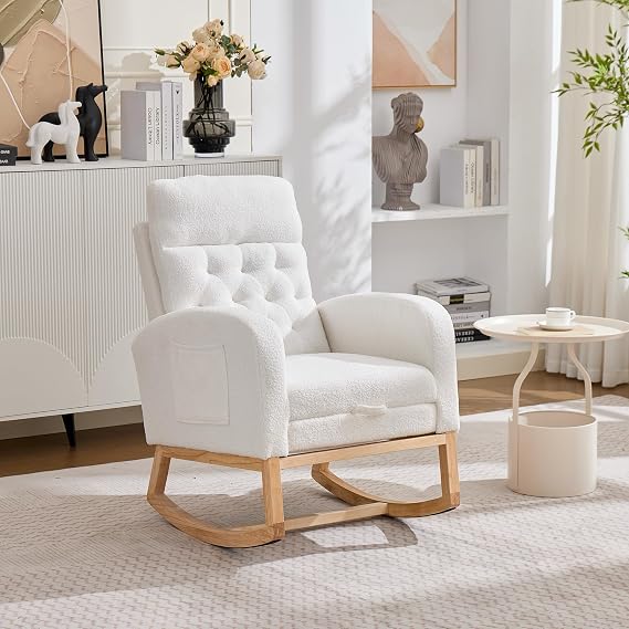 BTM Fauteuil à Bascule Allaitement Teddyfleece avec Repose-Pieds Blanc