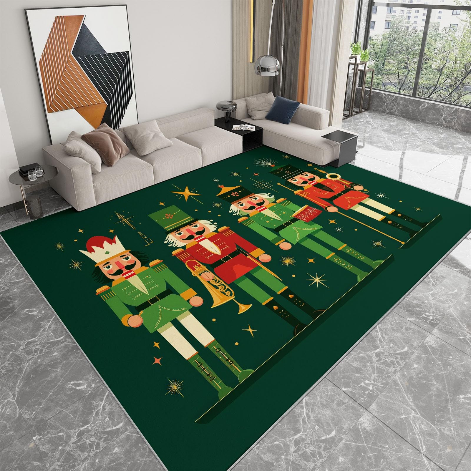 Dywan nadaje się do prania, 140 x 200 cm, elegancki retro dziadek do orzechów, gwiazdy, antypoślizgowy dywan, miękki dywan z krótkim włosiem, ciemnozielona mata do pokoju dziecięcego, na Boże