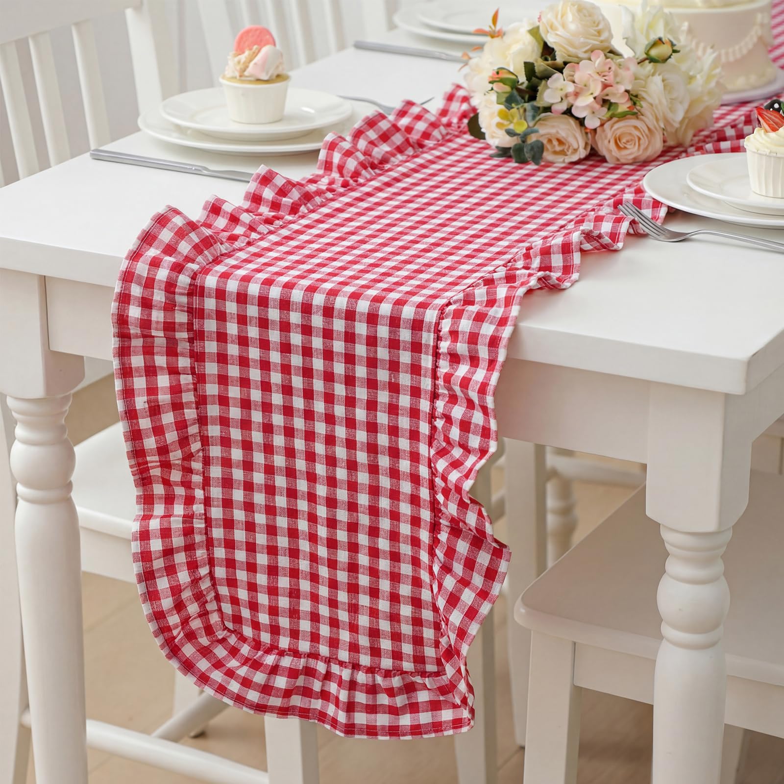 Photo 1 of Windkream Red Gingham Ruffled Table Runner 72 Inches Long Scalloped Table Runner Rustic Cotton Tabletop Farmhouse Decor for Baby Shower Bride Shower Birthday Party Holiday Wedding