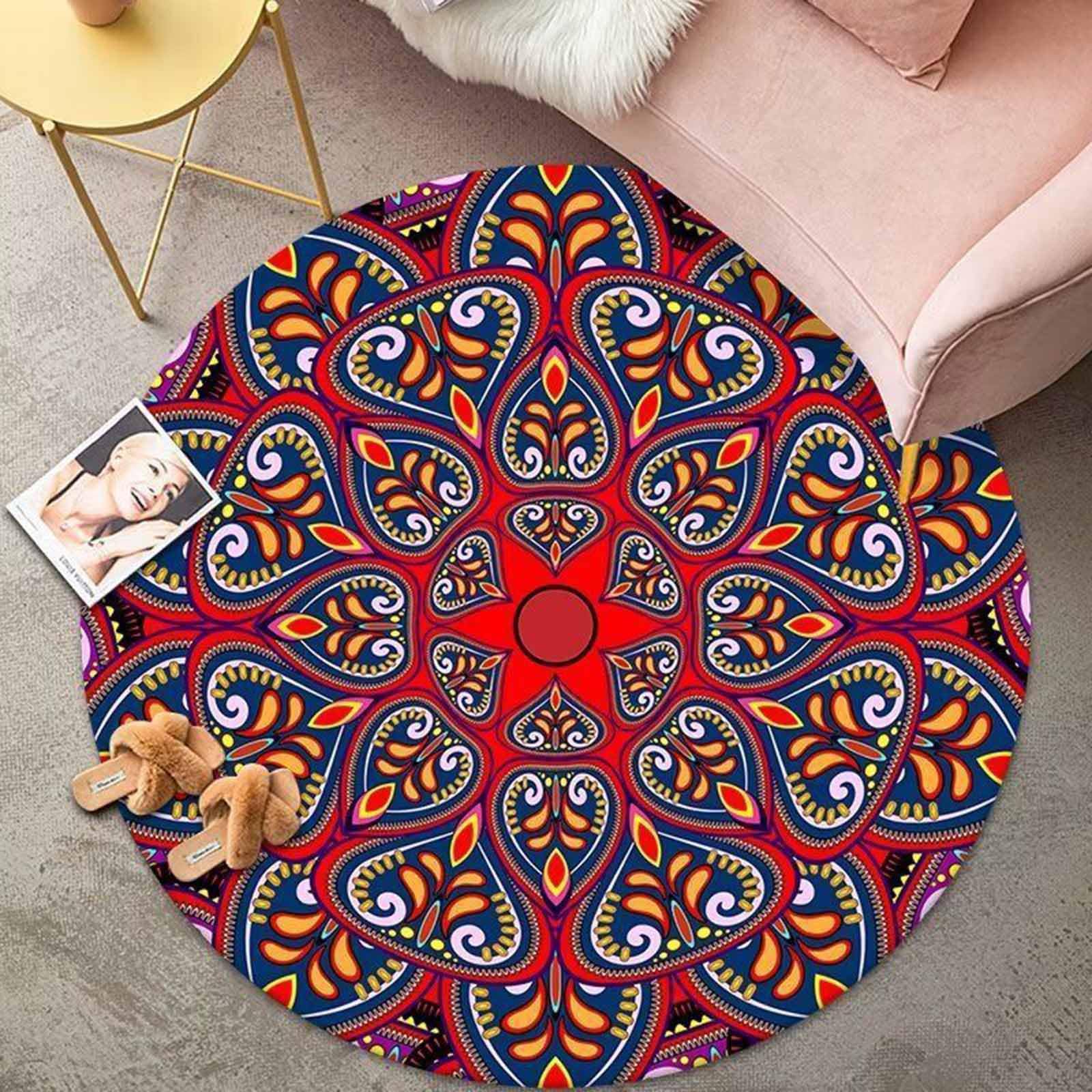 Tapis oriental bleu marine rouge blanc rond 80cm pour salon et chambre