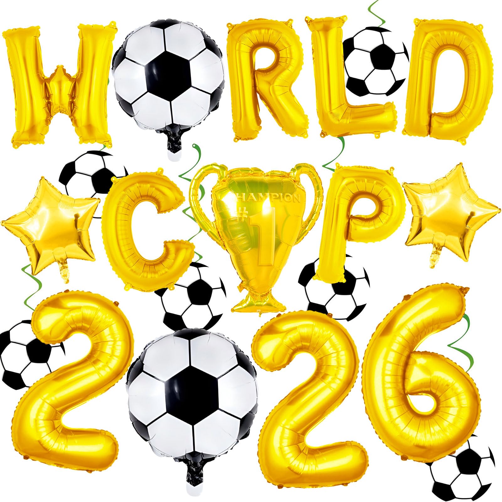 World Football Cup Party Decorations - Football Gold Letters Foil Balloons, Footballs Shaped Hanging Swirls, World Footballs Cup 2026 Themed Party Supplies, Match Viewing Events Home Bar Office Decor