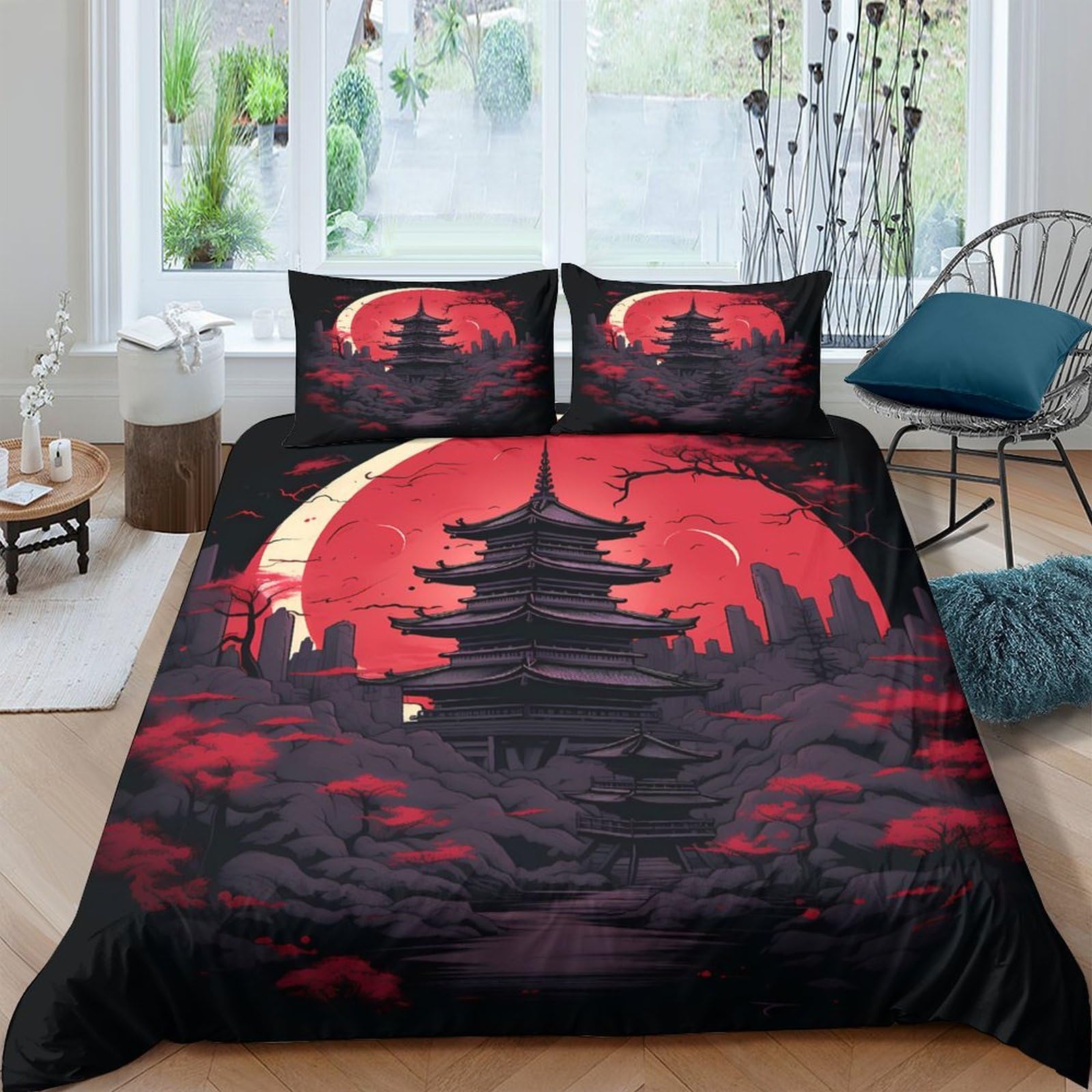 Ctjqhvkz Style-5 3D Printed Red Moon Pagoda Fitted Sheet Microfiber Soft Breathable Japanese Landscape Bed Cover For Bedroom Decor Single（135X200cm）