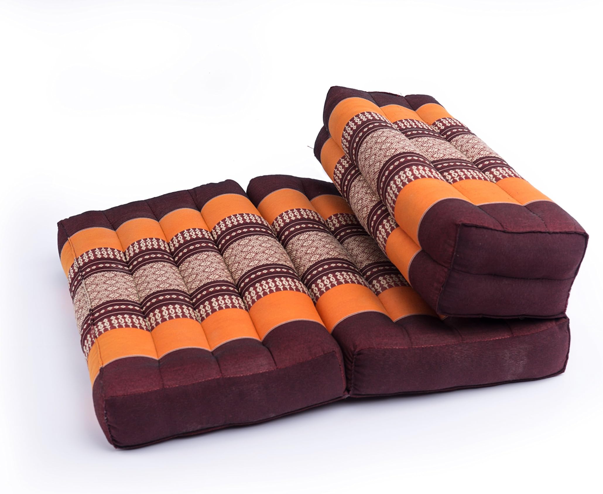 GABUR Foldable Meditation Cushion, 100% Kapok, Thai Design Orange & Brown, 25.5"x19.5"