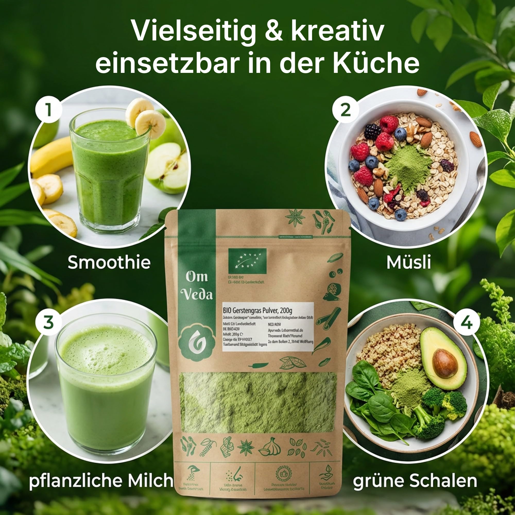 BIO Gerstengras Pulver | Rohkostqualität | 100% reines Gerstengraspulver | vegan, glutenfrei, laktosefrei | OmVeda (1000g)