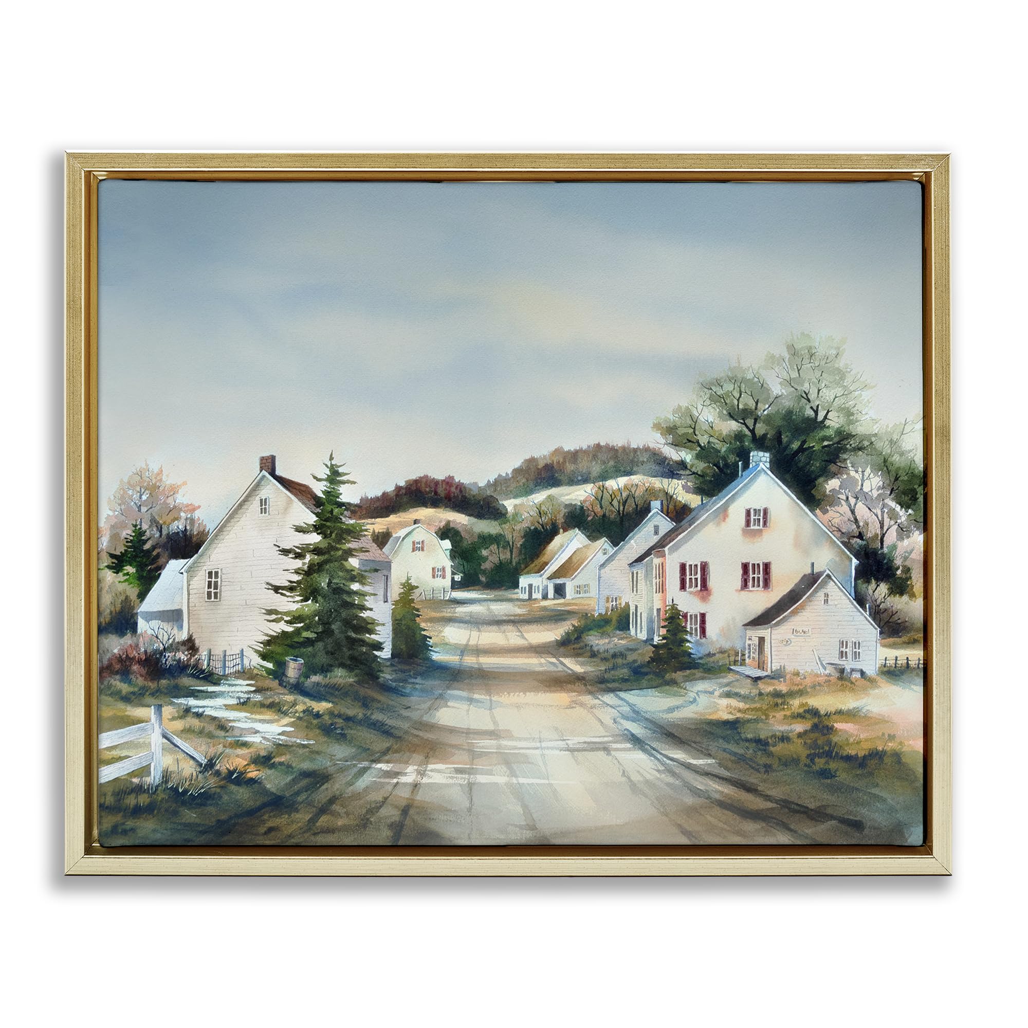Stupell Industries Metallic Gold (Matte) 'Tranquil Village Road & Houses', Floating Frame Canvas Art, Gold, 21 X 17 Inches, Easy To Hang And Sturdy, Made In Usa, By Owen Wexler